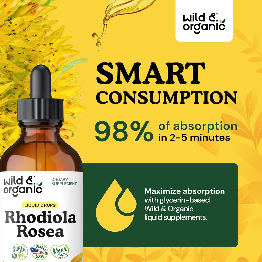 Wild & Organic Rhodiola Rosea Tincture - Rhodiola Rosea Supplement for Mood Support - Relaxing Root Extract Liquid Drops - Vegan, Sugar & Alcohol-Free - 4 Fl Oz