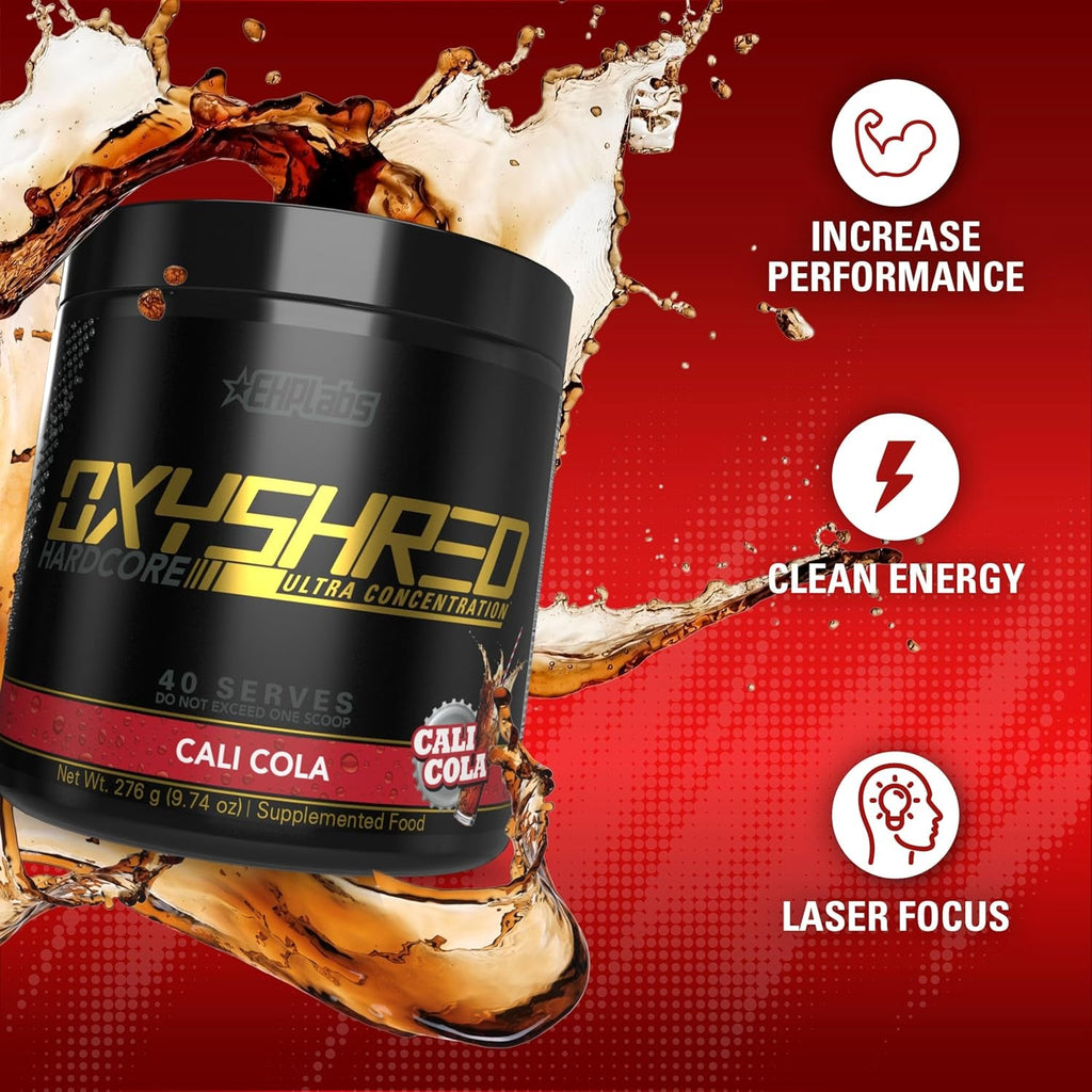 EHP Labs Oxyshred Hardcore Super Dosed Pre Workout Powder - Preworkout Powder with L Glutamine & Acetyl L Carnitine, Energy Boost Drink - 275Mg of Caffeine - Cali Cola, 40 Servings
