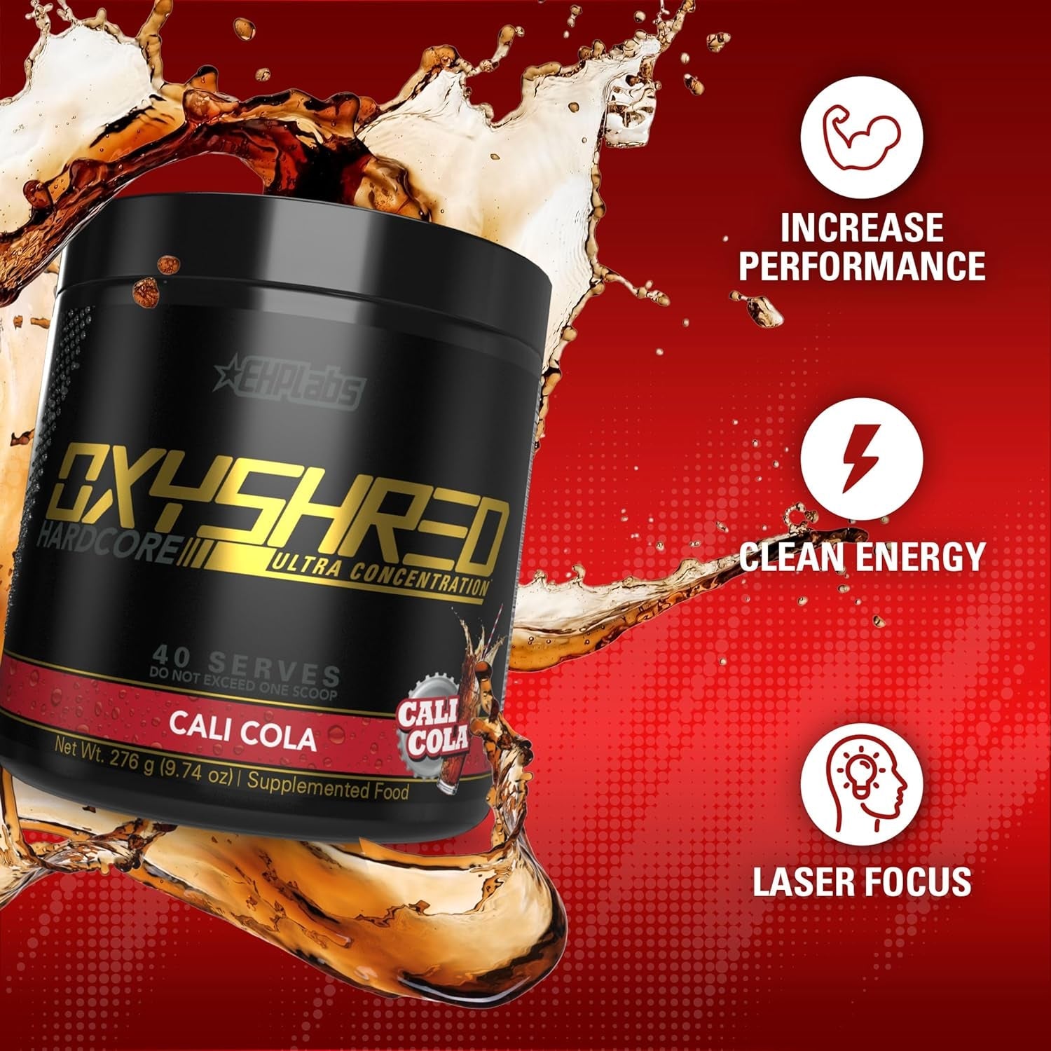 EHP Labs Oxyshred Hardcore Super Dosed Pre Workout Powder - Preworkout Powder with L Glutamine & Acetyl L Carnitine, Energy Boost Drink - 275Mg of Caffeine - Cali Cola, 40 Servings