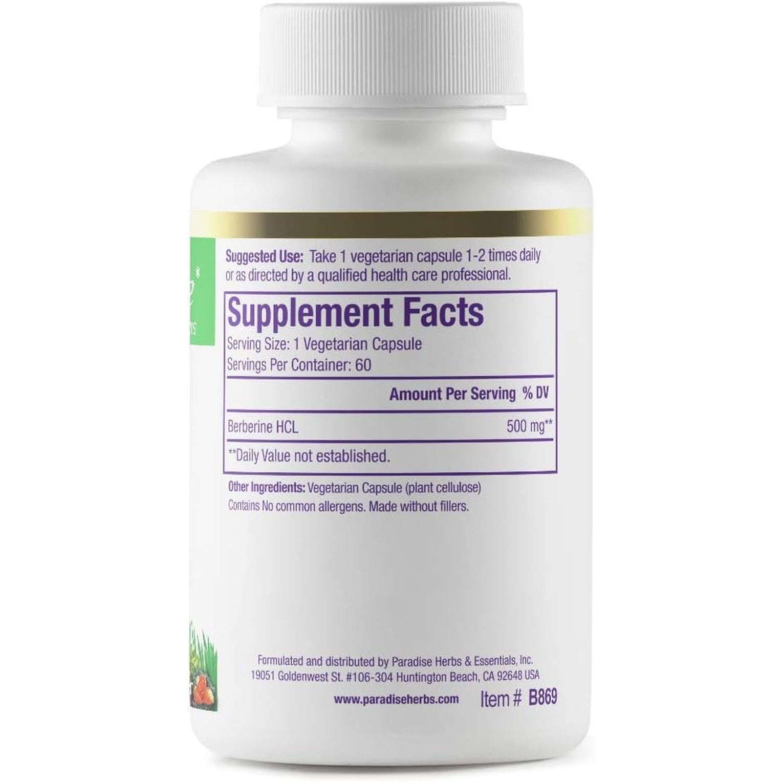 Paradise Herbs, Berberine Extract, 500 Mg, Pure & Potent Berberine Supplement, Vegan, Non-Gmo, Gluten Free, 60 Vegetarian Capsules