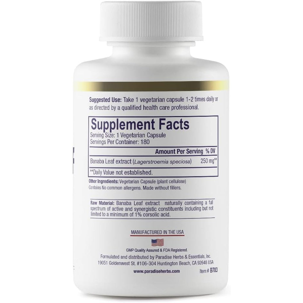 Paradise Herbs, Banaba Leaf, 12:1 Concentrated Extract, 250 Mg, Vegan, Gluten-Free, Non-Gmo, 180 Capsules