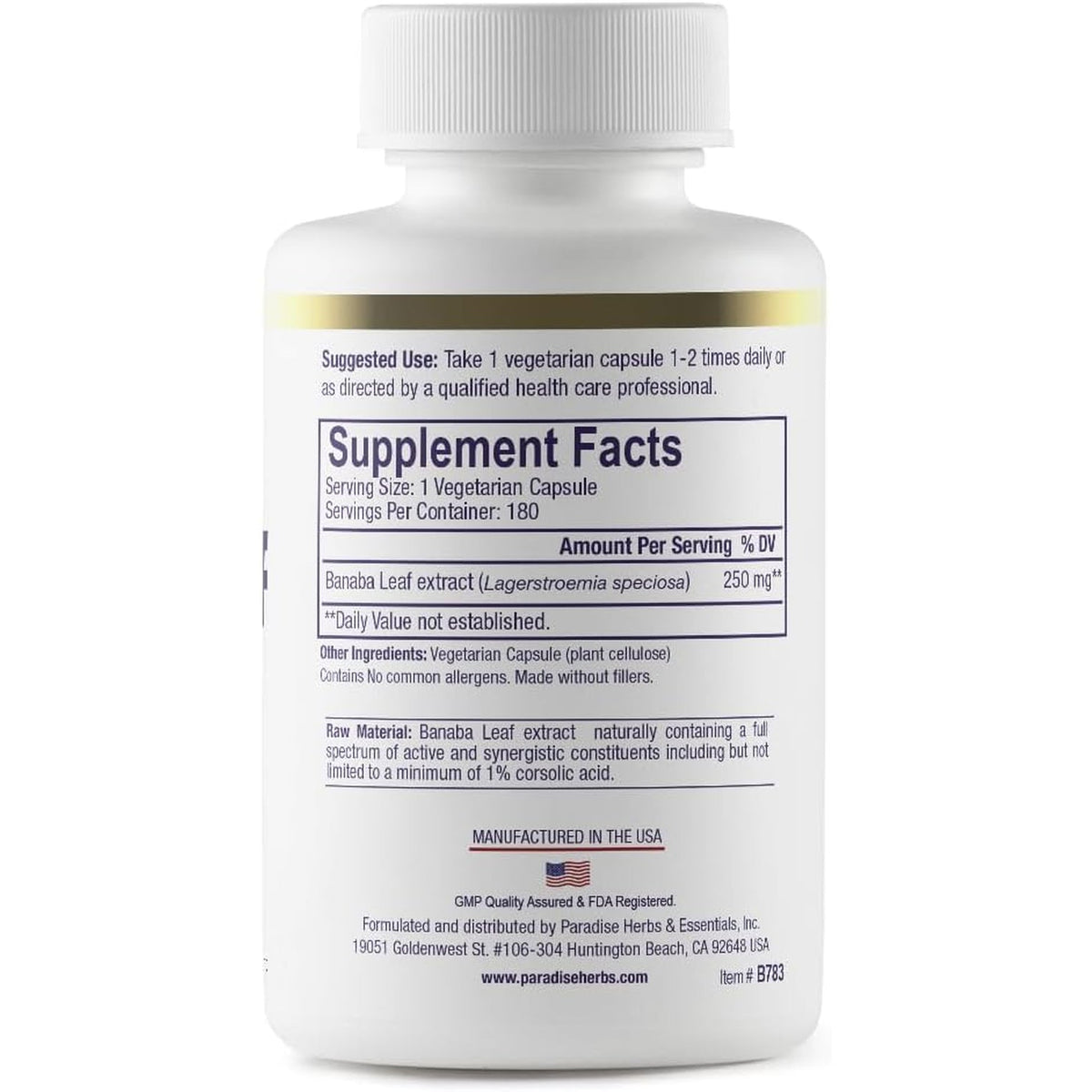 Paradise Herbs, Banaba Leaf, 12:1 Concentrated Extract, 250 Mg, Vegan, Gluten-Free, Non-Gmo, 180 Capsules