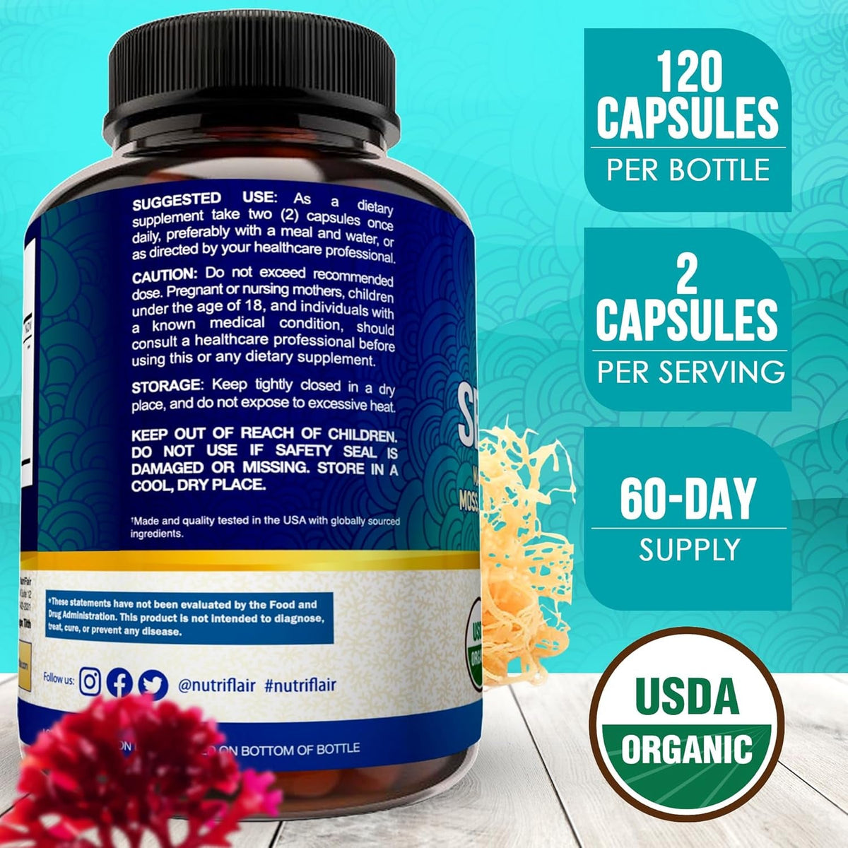 Nutriflair Organic Sea Moss 1600Mg, 120 Capsules plus Bladderwrack & Burdock - Prebiotic Super Food - Immune System & Digestive Health - Thyroid, Healthy Skin, Keto Detox, Gut
