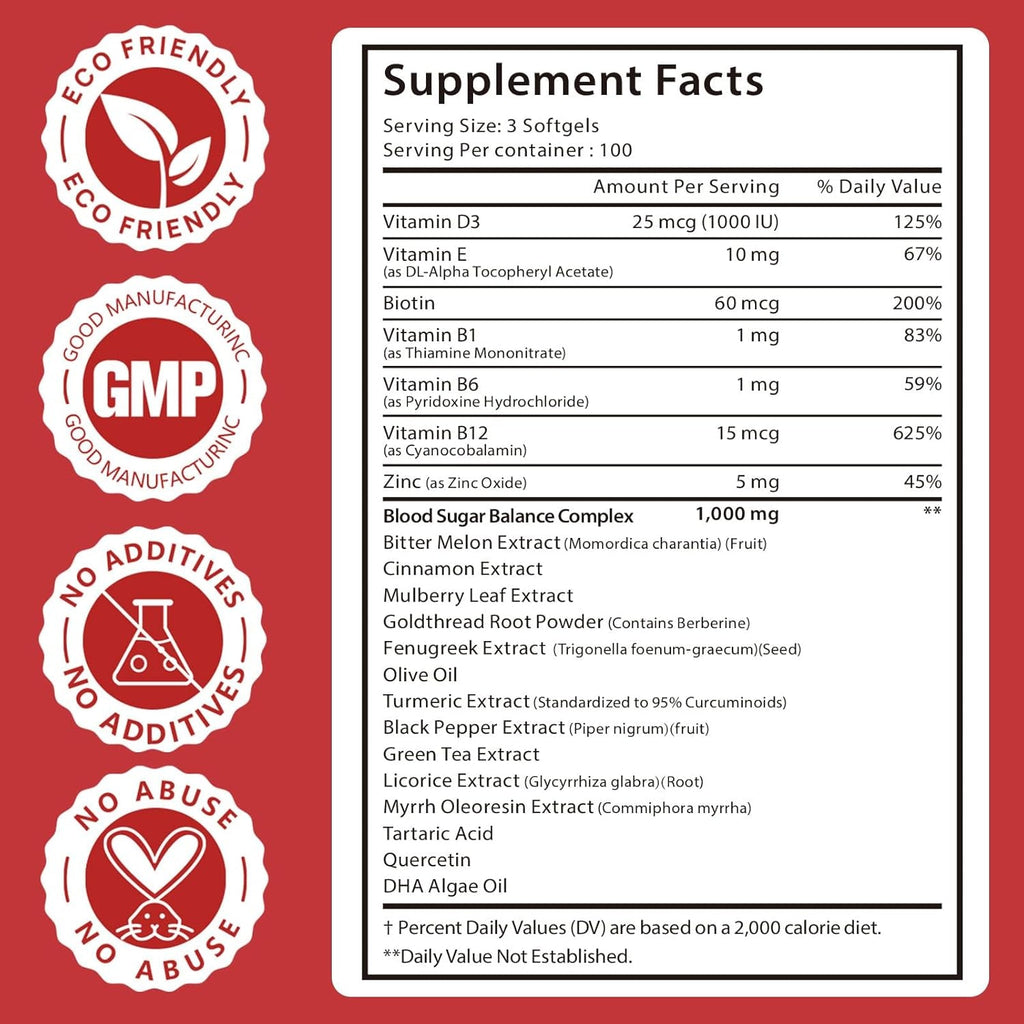 300 Softgels Blood Sugar Complex Supplement | 20+ Active Herbs-Berberine, Ceylon Cinnamon, Bitter Melon, Mulberry Leaf, Fenugreek, Vitamins for Energy Level, Vitality Support | Clean Formula