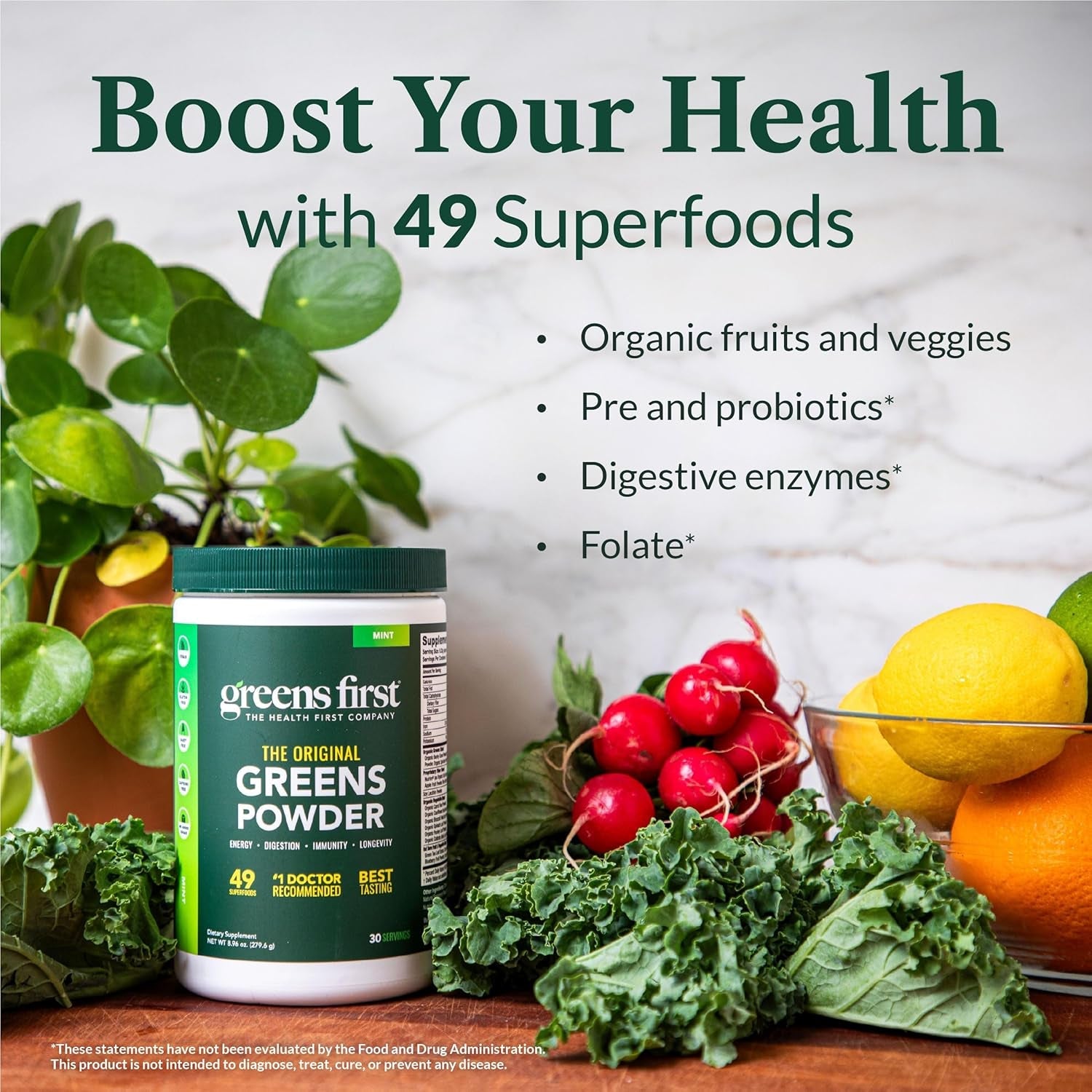 Greens First Original Greens Powder - 49 Superfoods - Organic Fruits & Veggies - Prebiotics, Probiotics & Digestive Enzymes - Antioxidant Smoothie - Dairy Free, Vegan & Non-Gmo (Mint, 30 Servings)