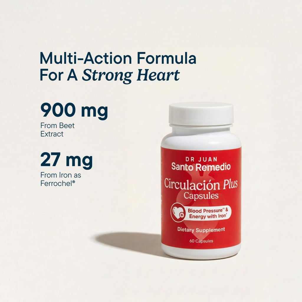 Santo Remedio Circulacion plus Capsules, Iron & Beetroot Extract Supplement for Blood Circulation & Cardiovascular Support, Supports Healthy Blood Pressure & Red Blood Cell Production, 60 Capsules
