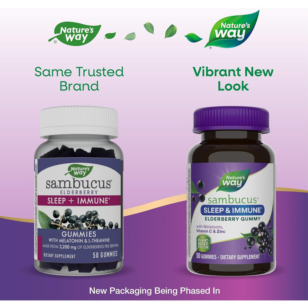 Nature'S Way Sambucus Sleep + Immune* Elderberry Gummies, Sleep Support for Adults and Immune Support*, with Melatonin, Vitamin C, L-Theanine, Zinc, 50 Gummies (Packaging May Vary)