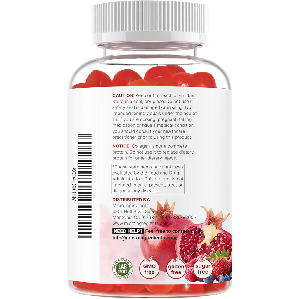 Micro Ingredients Multi Collagen Peptides, 120 Collagen Gummies | Type I,II,III,V,X Protein with Biotin, Hyaluronic Acid, & Vitamin C Complex | Pomegranate & Berry Flavored | Sugar Free, Non-Gmo