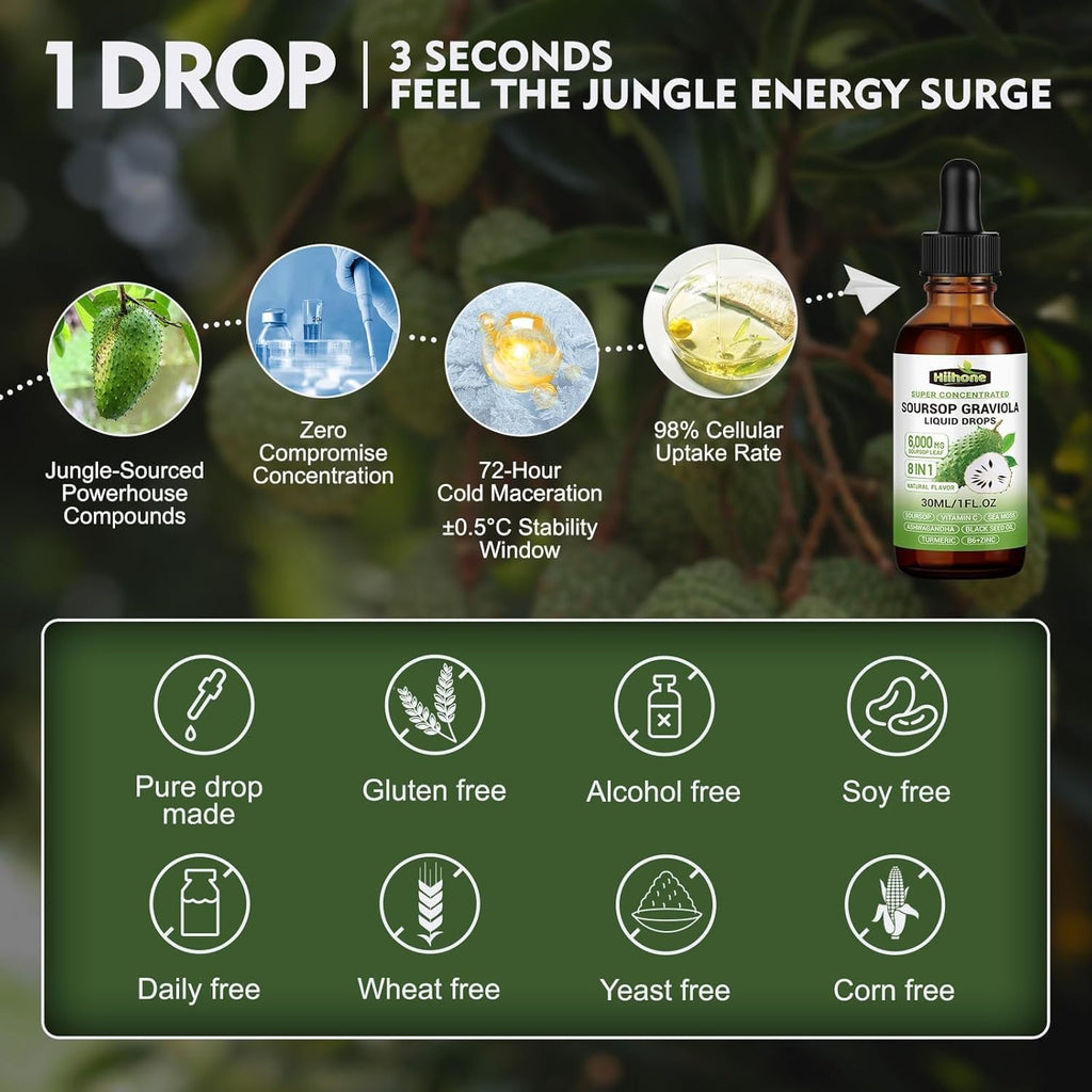 (2 Pack) 8 in 1 Graviola Soursop Leaf Extract Liquid - Soursop Bitters Liquid with Sea Moss, Ashwagandha and Turmeric, for Immune & Liver, Zzz & Antioxidant & Cell Support,1 Fl Oz