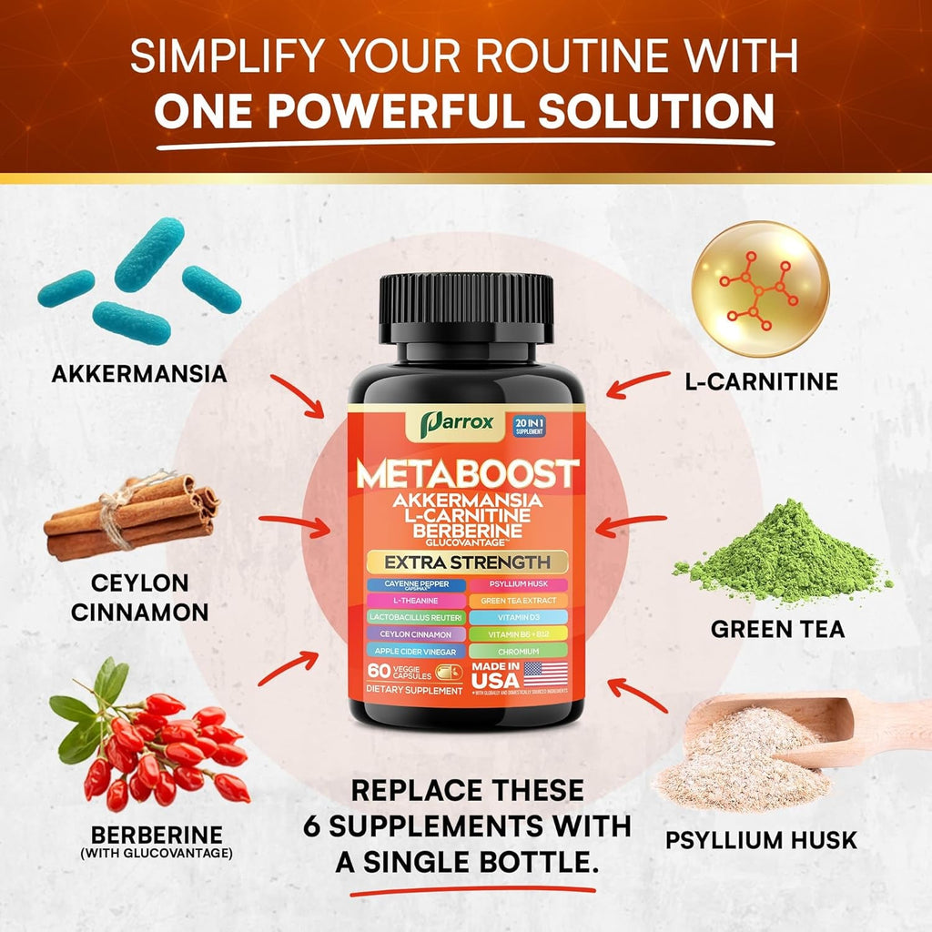 GLP-1 Booster Supplement, Akkermansia, L-Carnitine, Berberine (Glucovantage), Methylfolate, Methylated B12, Chromium, Capsimax, Psyllium Husk, Probiotics Vitamins D3, B6, 20-In-1 Plant-Based (60 Caps)