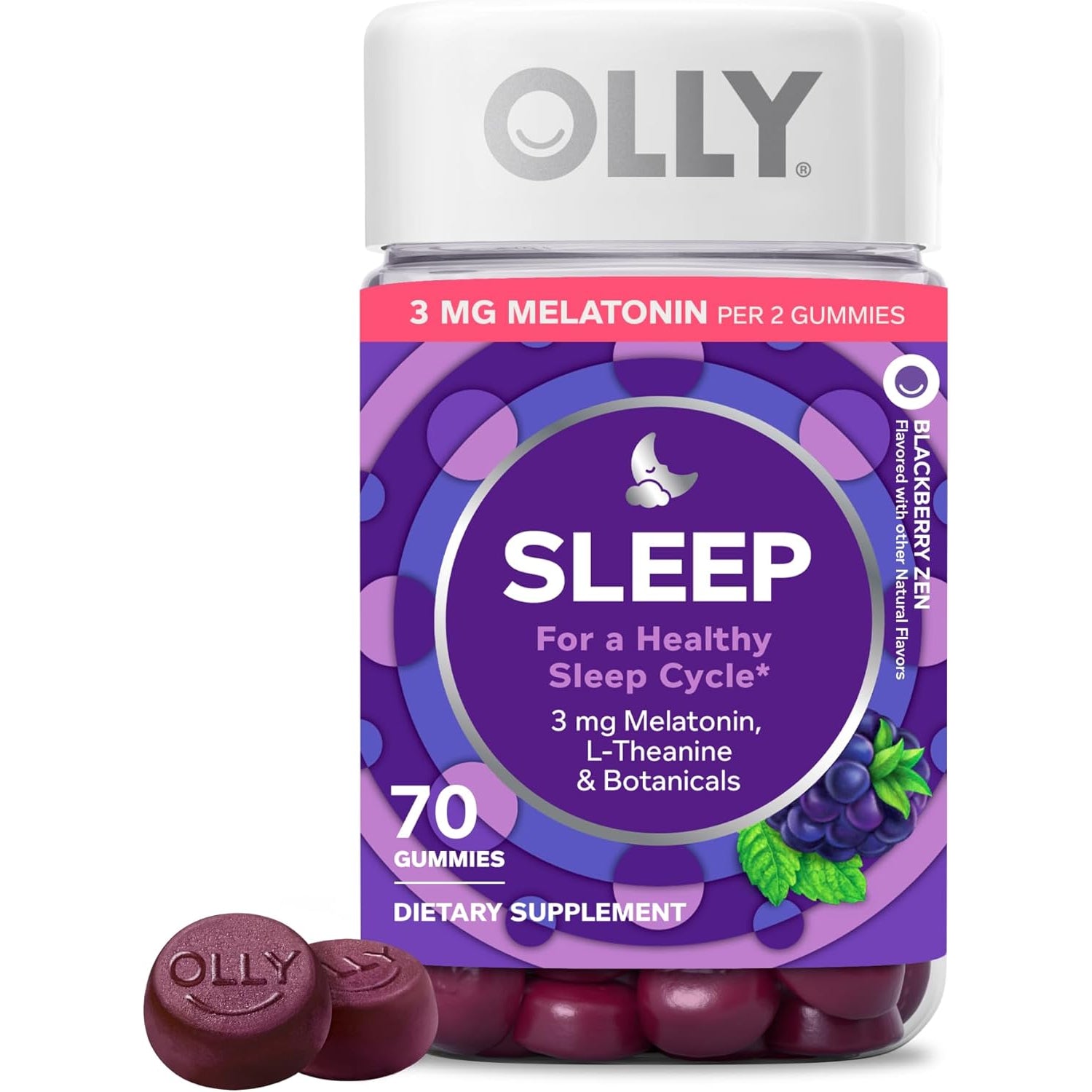 OLLY Sleep Gummy, Sleep Support Supplement,* 3 Mg Melatonin, L-Theanine, Chamomile and Lemon Balm Extracts, Blackberry Zen Flavor, 35 Day Supply - 70 Count