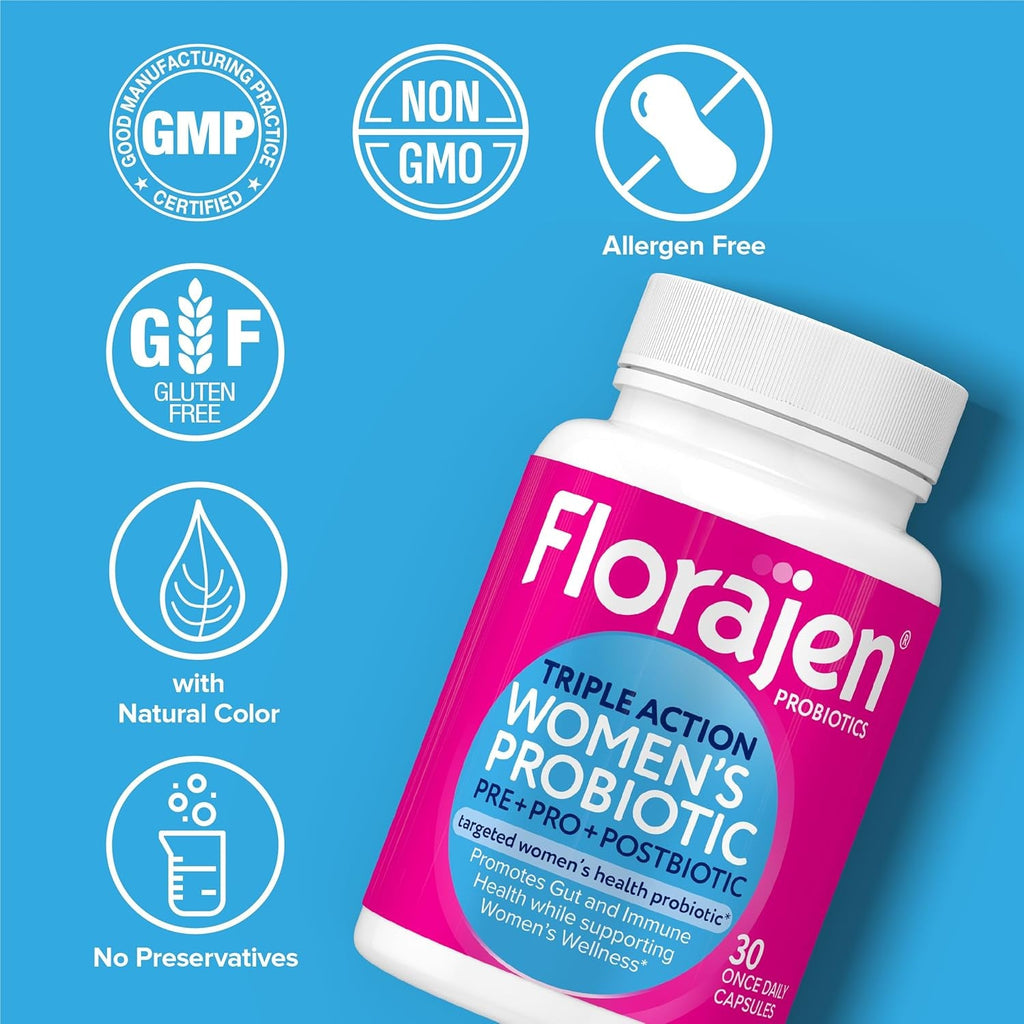 Florajen Women’S Probiotic - Prebiotic + Probiotic + Postbiotic for Digestive & Immune Support - Bloating & Constipation Relief - Vegan, Gluten-Free, Non-Gmo Daily Gut Health Support - 30 Capsules