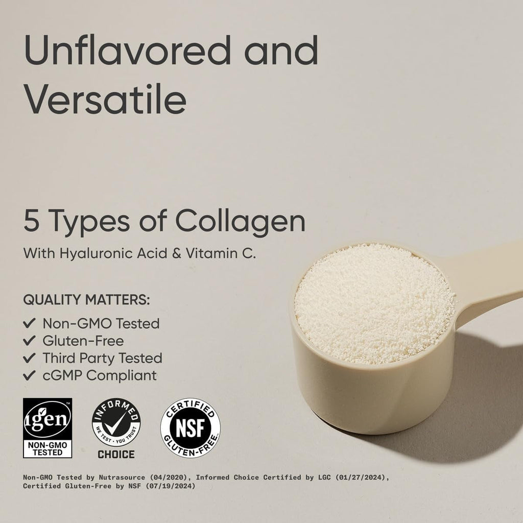 Sports Research Multi Collagen Protein Powder (Type I, II, III, V, X) with Hyaluronic Acid + Vitamin C | 5 Types of Food Based Collagen, 30 Servings (Unflavored)