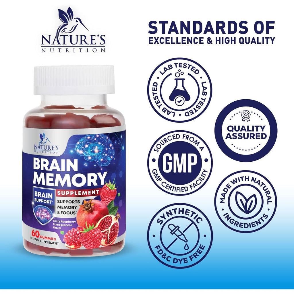 Brain Supplements for Memory & Focus Gummies - Brain Health Clarity with B6 B12 & Phosphatidylserine - Natural Nootropics Cognitive Concentration & Alertness Support Vitamins - 60 Vegan Gummies