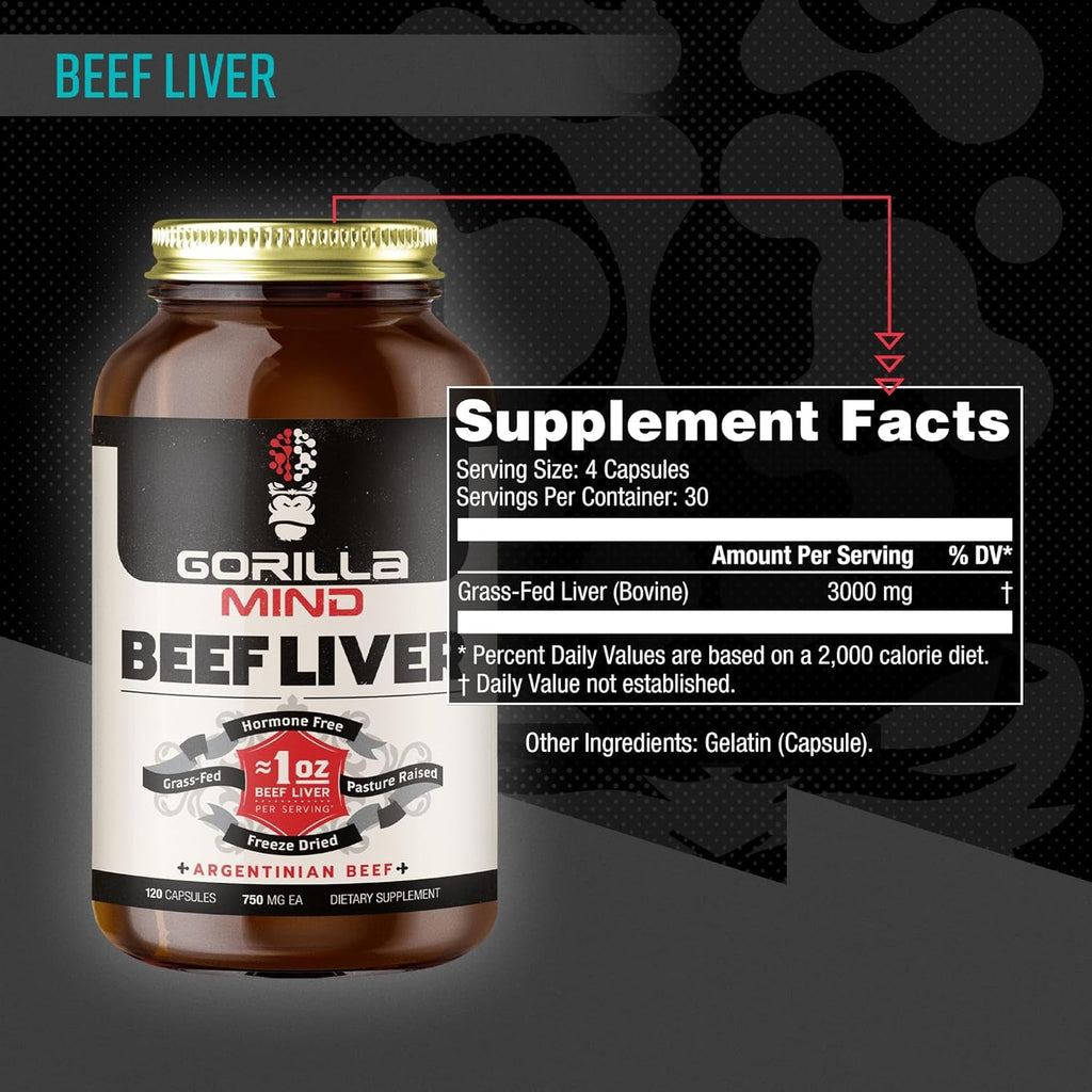 Gorilla Mind Grass-Fed Argentinian Beef Liver - Nature’S Multivitamin/Beef Liver Supplement in Freeze Dried Capsules/Pasture Raised/Hormone Free/1 Oz