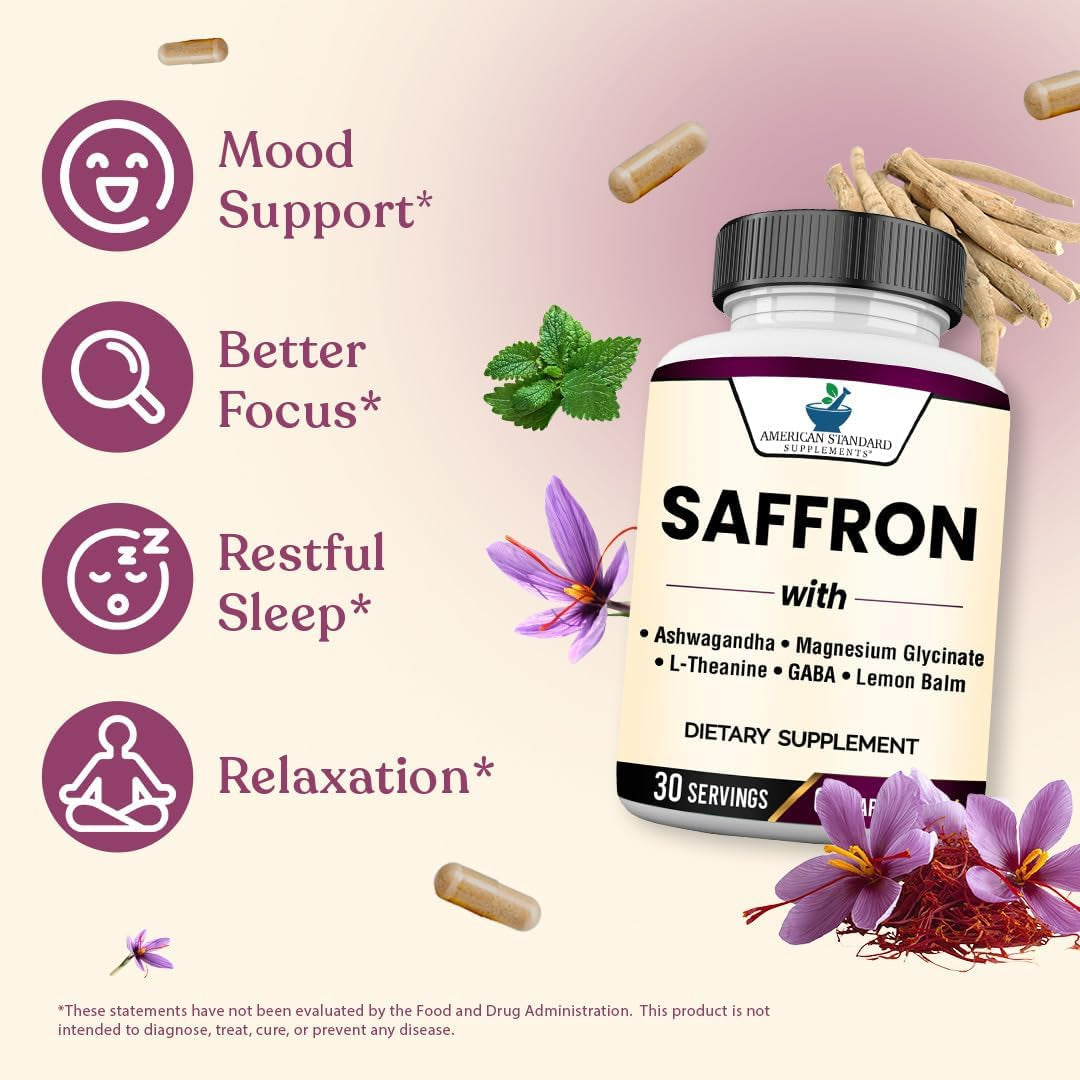 American Standard Supplements Saffron Extract 100Mg per Serving with Magnesium Glycinate, Ashwagandha, L-Theanine, GABA, Lemon Balm, Vegan, Non-Gmo, 60 Capsules