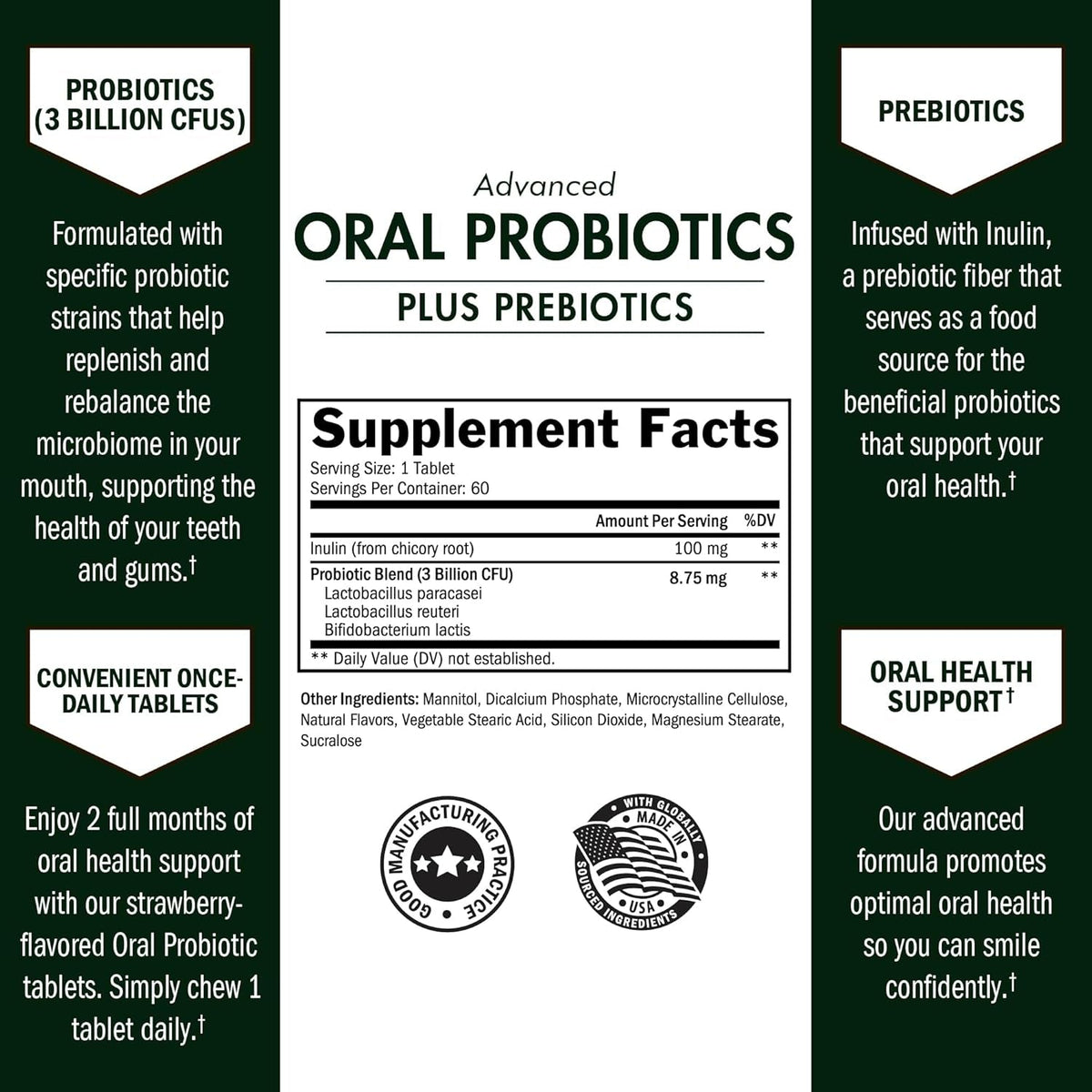 Oral Probiotics Supplement with Prebiotics - Supports Healthy Teeth Gums Mouth and Fresh Odorless Breath for Adults - Strawberry Flavored Chewable Dental Probiotic (60 Tablets, 60 Day Supply)