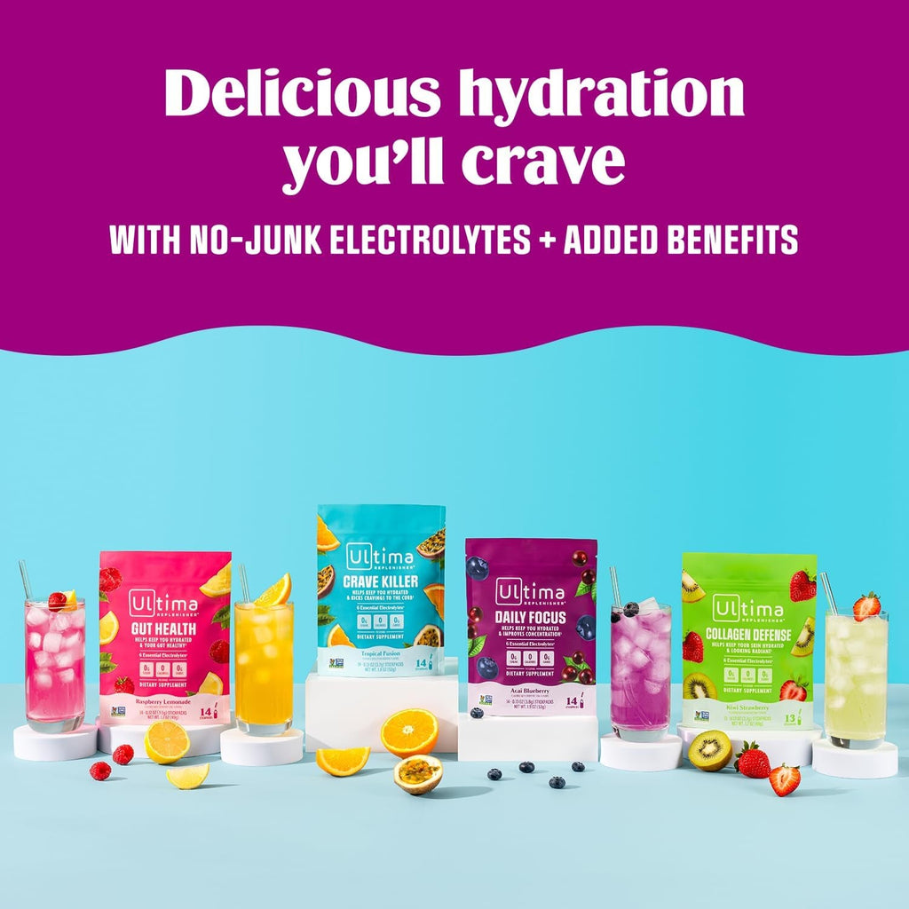 Ultima Replenisher Collagen Defense Supplement and Electrolytes Powder - Kiwi Strawberry, 13 Stickpacks - Hydration Packets with Dermaval and Biotin That Keep Your Skin Hydrated and Looking Radiant