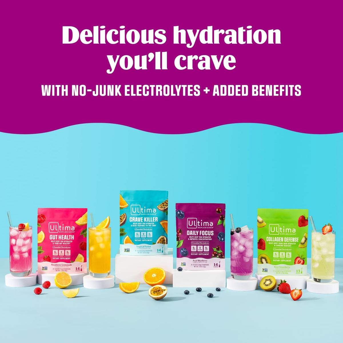 Ultima Replenisher Collagen Defense Supplement and Electrolytes Powder - Kiwi Strawberry, 13 Stickpacks - Hydration Packets with Dermaval and Biotin That Keep Your Skin Hydrated and Looking Radiant