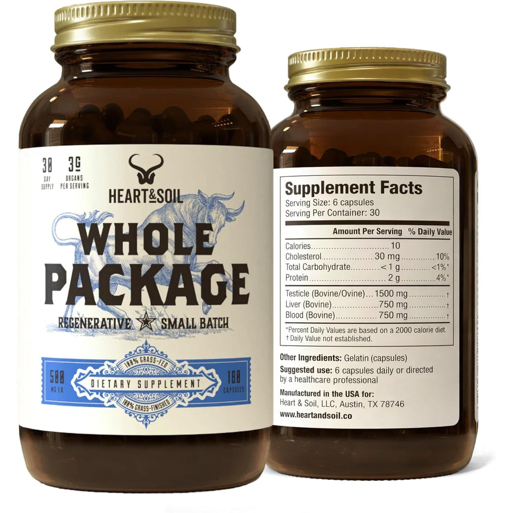Heart & Soil – Whole Package – 100% Grass Fed & Finished Testicle, Liver & Blood Extract – Supports Male Reproductive Wellness, Hormonal Health, Energy Output & Physical Endurance – 180 Capsules