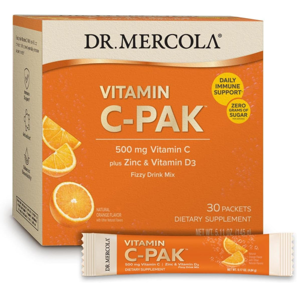 Dr. Mercola Vitamin C-PAK - Daily Immune Support - Contains Vitamin C, Vitamin D3, and Zinc - Fast-Acting Antioxidant Powder - Fizzy Drink Mix - 30 Packets