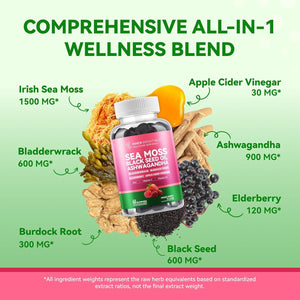 Inner Brightness Sea Moss 4000Mg Gummies with Ashwagandha, Elderberry, Apple Cider Vinegar, Bladderwrack, Burdock Root – Immune Support – Mixed Berry Flavor – 60 Count