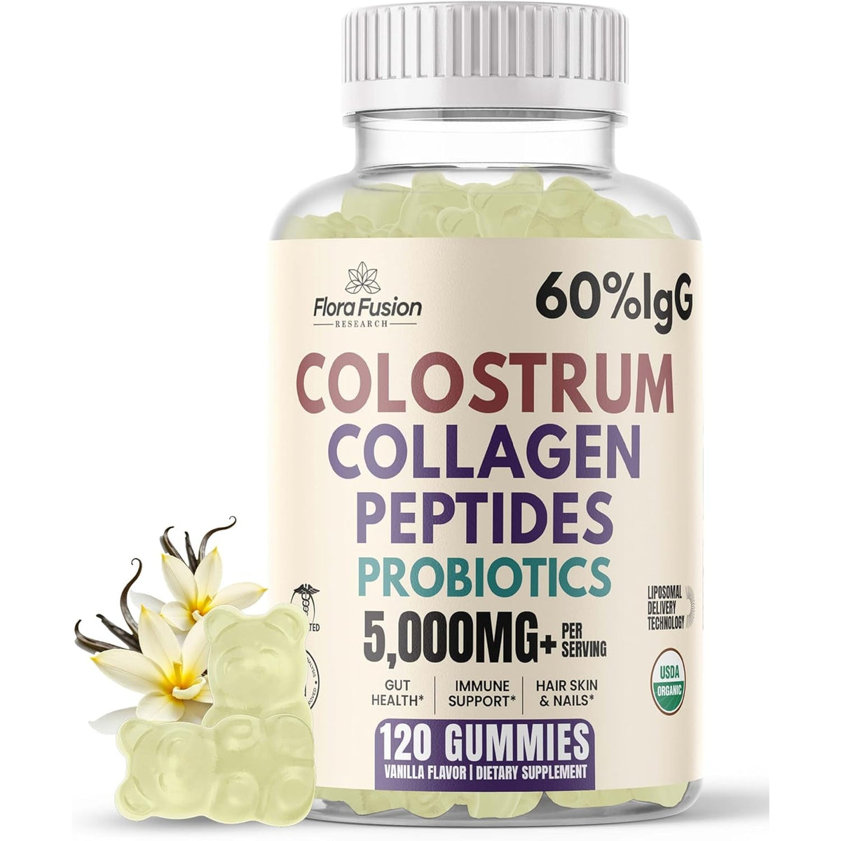Colostrum Gummies I Collagen Peptides I Probiotics 5000+ Mg W/ 60% Igg I Immunity Support & Gut Health - Liposmal Technology - U.S. Sourced Superfood - Grass-Fed Bovine - 120 Gummies (Vanilla Flavor)