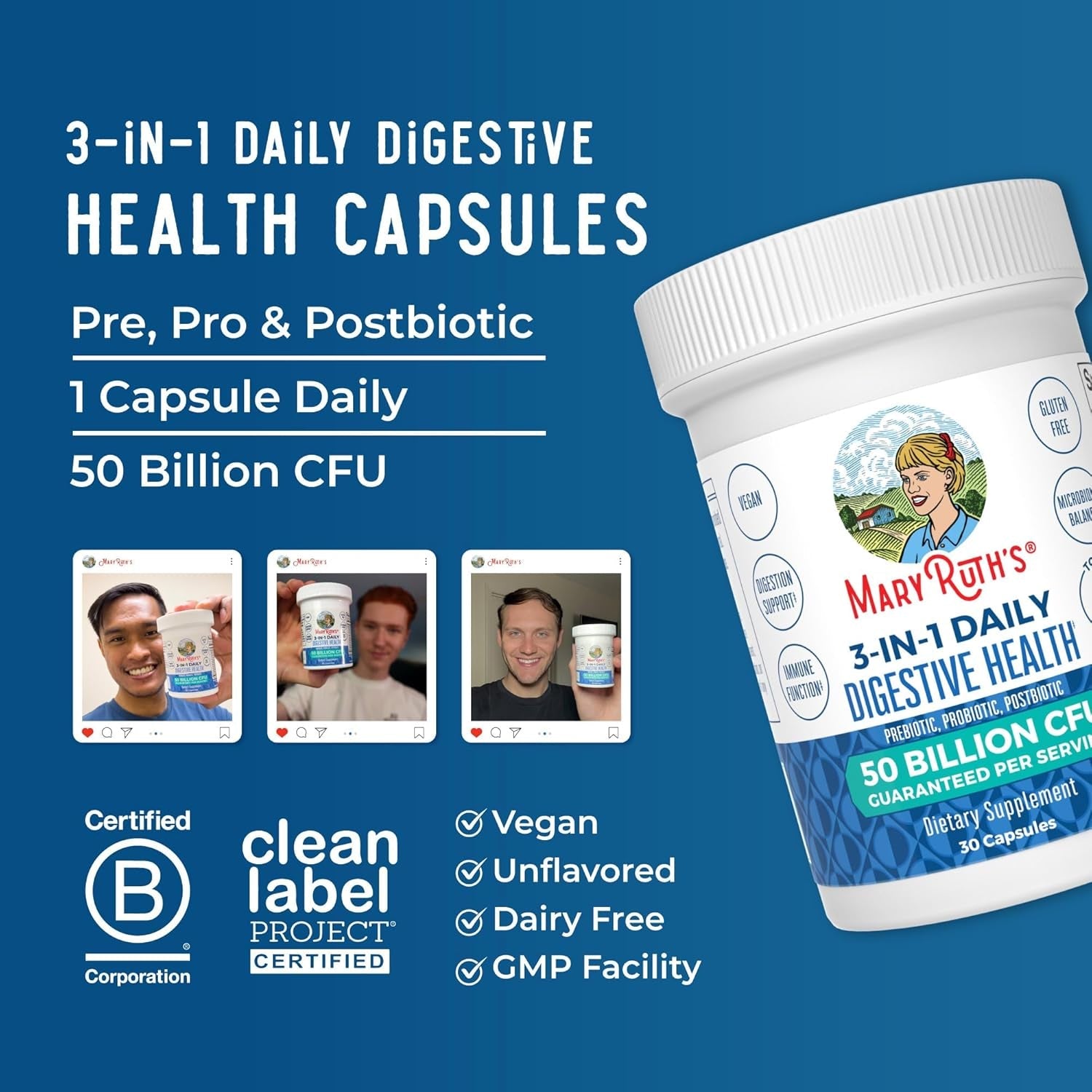 MARYRUTH'S 3-In-1 Probiotics for Digestive Health | Prebiotic & Postbiotic | Gut Health Supplement for Women & Men | 23 Unique Strains | Immune Support | 50 Billion CFU | 30 Servings