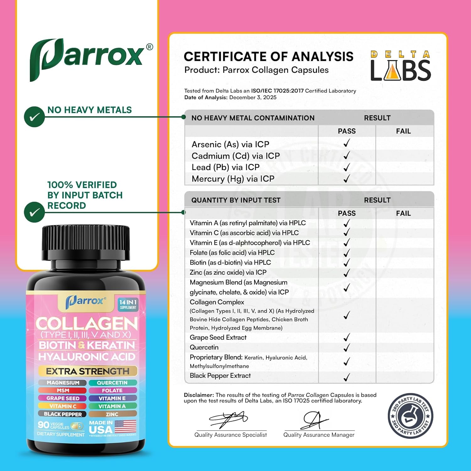 Collagen Peptides Types I, II, III, V & X, MCG Biotin, Keratin, Hyaluronic Acid, MSM, Zinc, Grape Seed Extract, Quercetin, Vitamin A, Vitamin C, Vitamin E, Magnesium, Folic Acid (90 Capsules)