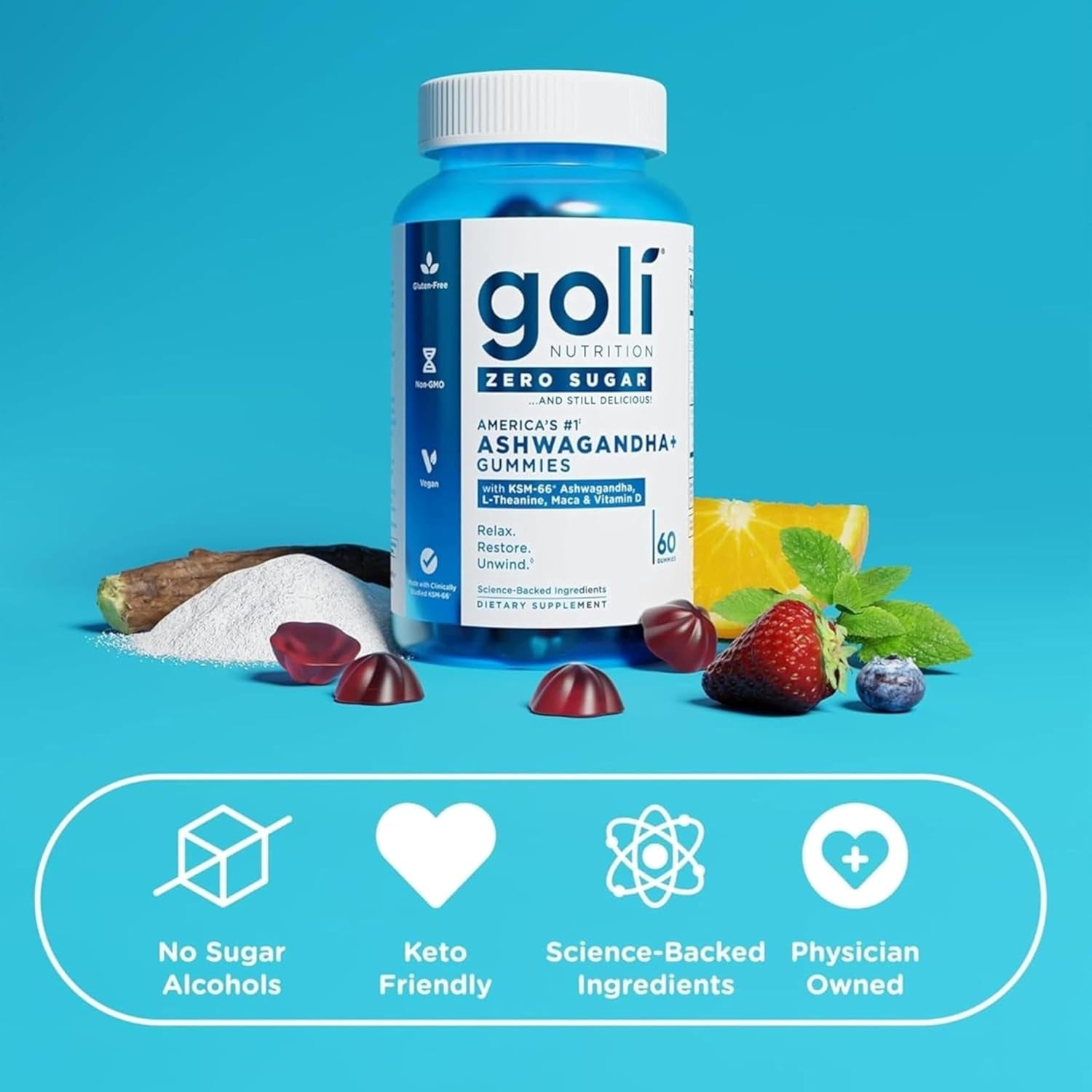 Goli Zero Sugar Ashwagandha Gummies with KSM-66, L-Theanine, Maca and Vitamin D - No Sugar Alcohols - Vegan, Keto-Friendly, Non-Gmo