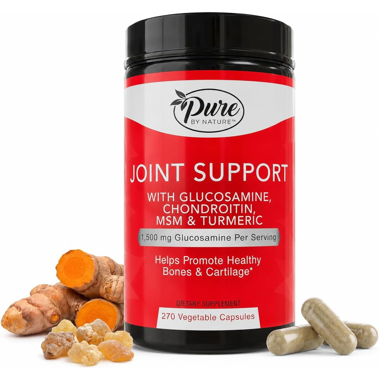 Pure by Nature Glucosamine Chondroitin MSM Turmeric Boswellia (90 Day Supply) - Joint Support Supplement for Women & Men, Nutritional Support for Joint Strength, Gluten Free, Non GMO - 270 Capsules