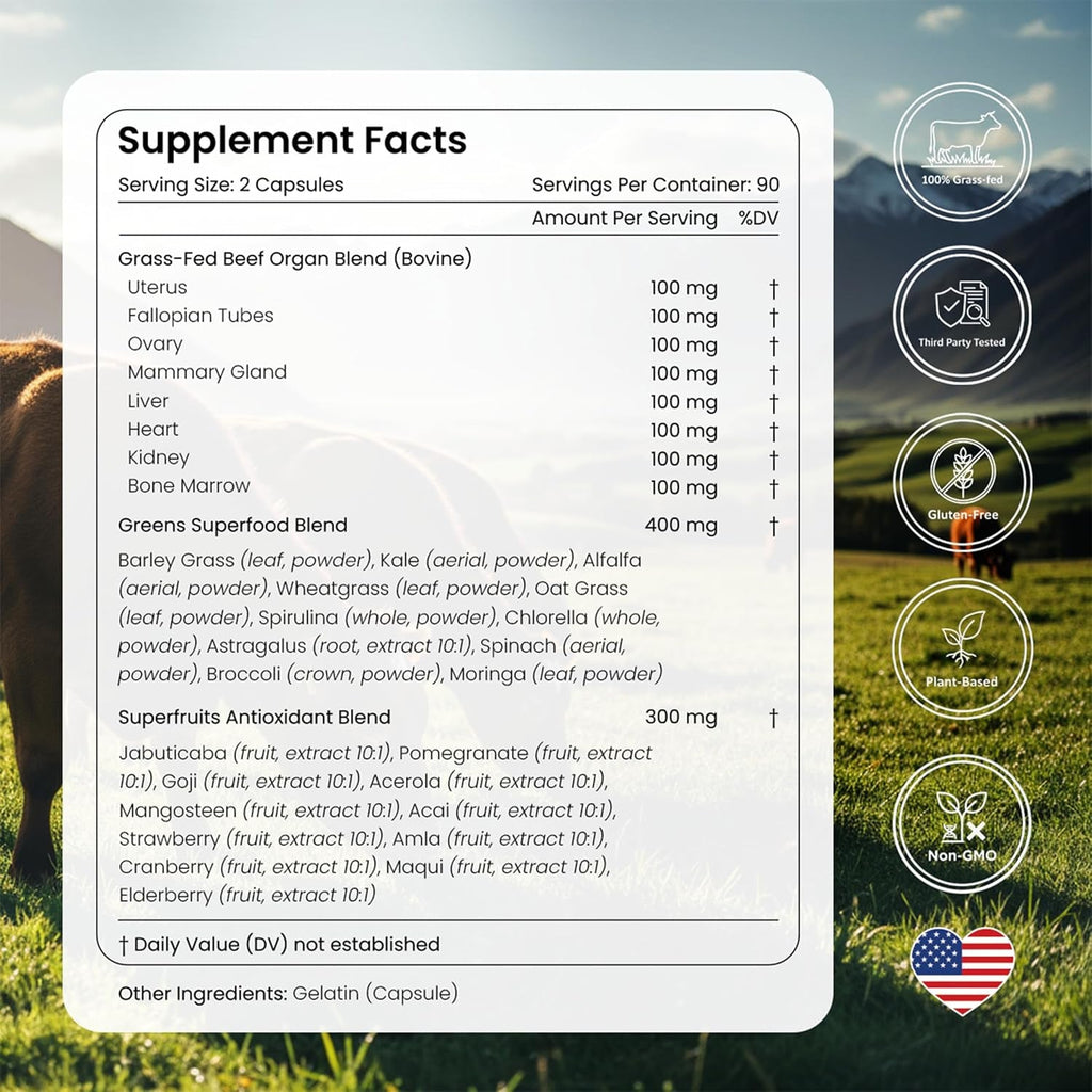 Grass Fed Beef Organ Supplement for Women with Super Greens & Antioxidant Fruits – 60+ Bioavailable Nutrients for Hormone Balance, Cycle Comfort, Primal Energy, Immunity, Hair & Skin – 3 Month Supply