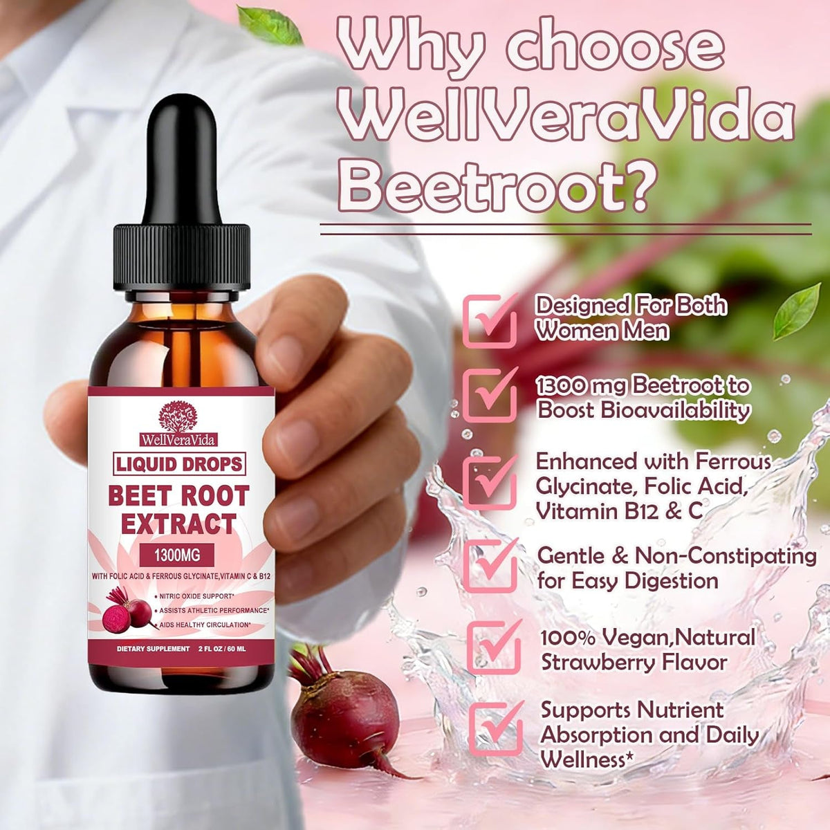 Beetroot Supplement, Organic Beet Root Extract Drops W/Iron Folic Acid, Vitamin B12 & C for Nitric Oxide Production & Healthy Blood Pressure, Superior Liquid to Beet Root Capsules or Powder丨Sugar Free