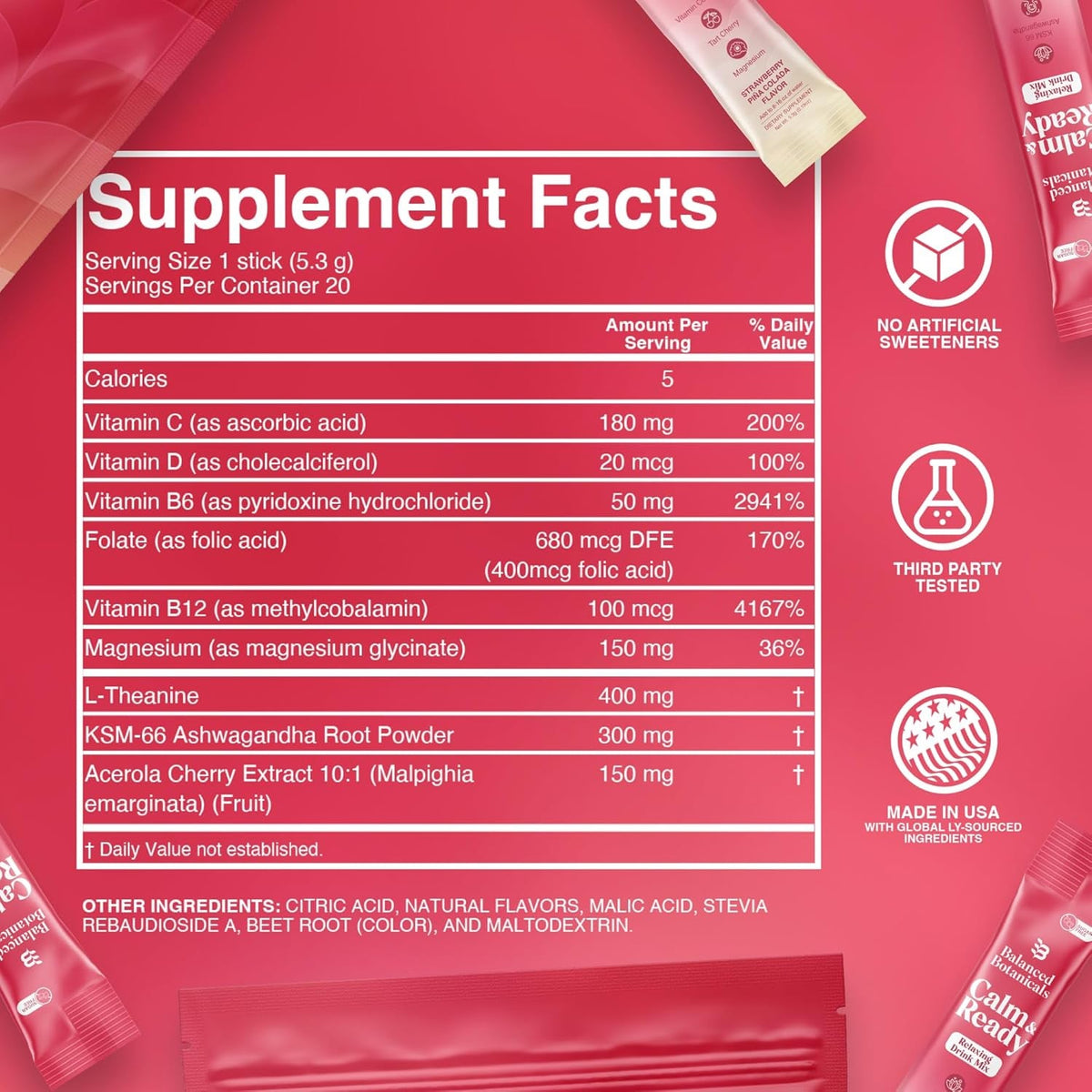 Calm and Ready Powder Mix, Cortisol Reducer* Sleep & Relaxation Aid, Magnesium Glycinate, Ashwagandha KSM-66, L-Theanine, Tart Cherry, Sugar Free, 20 Packets, Strawberry Pinacolada
