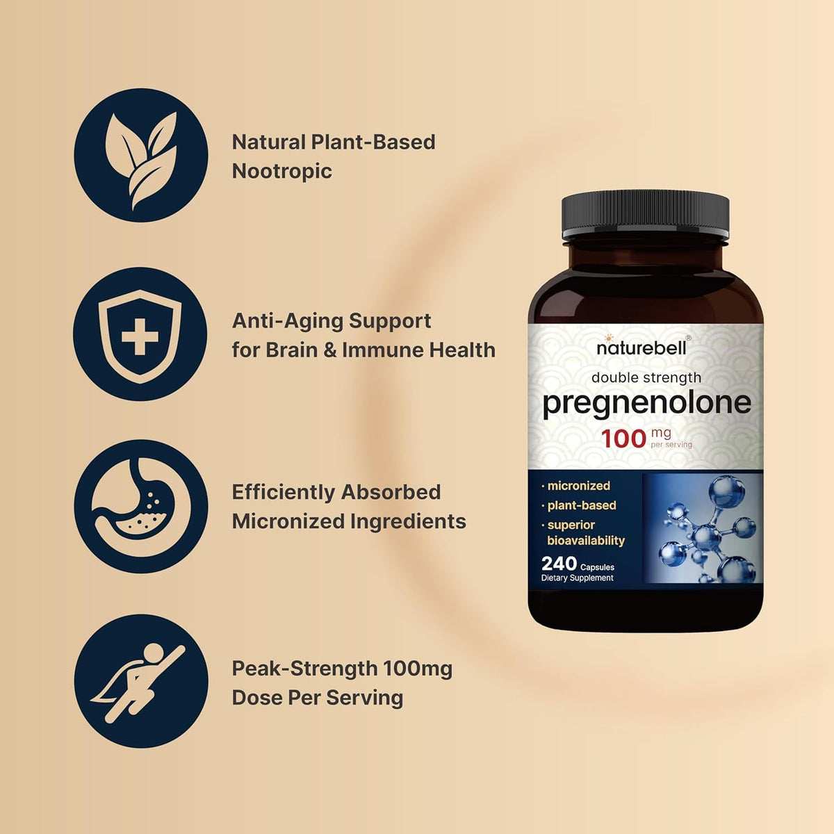 Naturebell Pregnenolone 100Mg, 240 Capsules | 99% Purity, Micronized Grade for Higher Absorption, Plant Based – Natural Precursor, Brain, & Immune Health Supplement – Non-Gmo, Soy Free