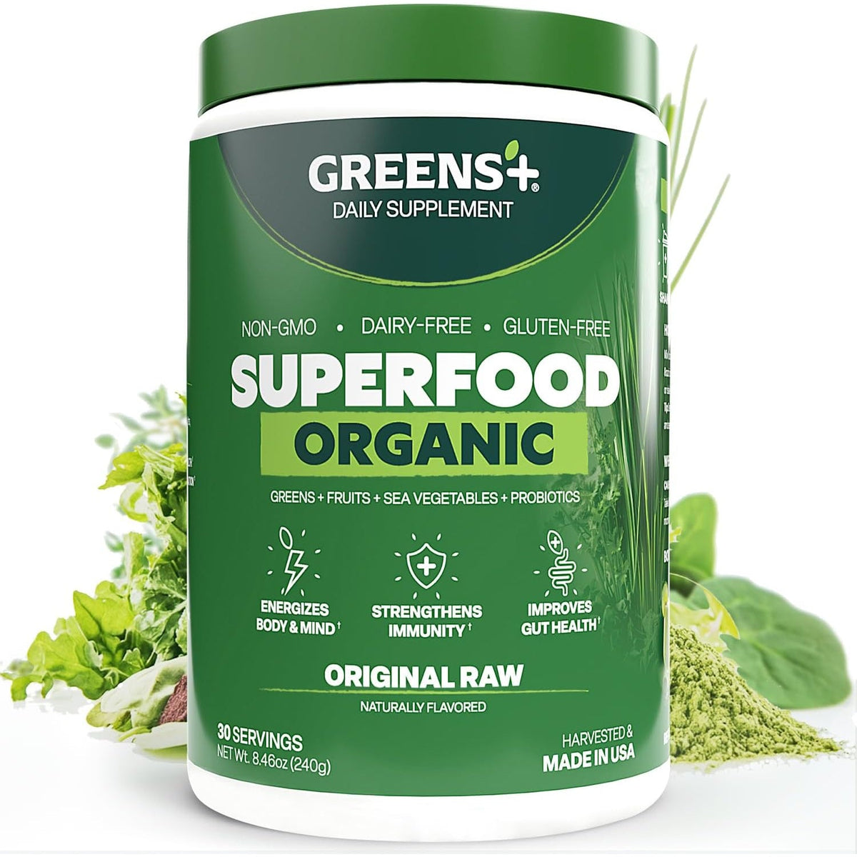 Greens+ Organic RAW Superfood Powder, Super Blend Immune Support, Morning Kick, Energy Boost, Nutrition Vibrant Health, Dietary Supplement, Vegan Soy/Dairy/Gluten Free(8.46Oz)