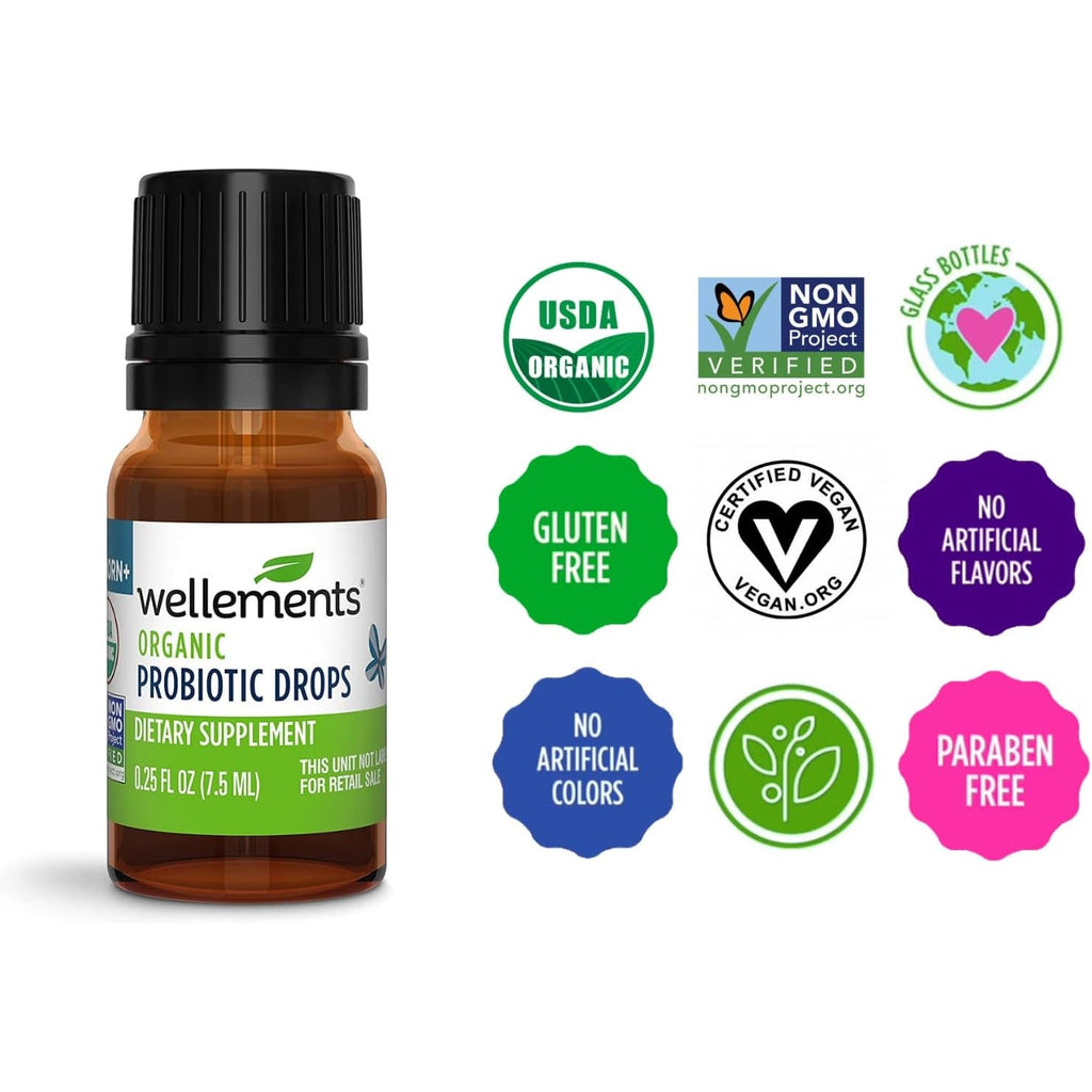 Wellements Organic Baby Probiotic Drops (0.25 Fl Oz) - Digestive & Immune Support for Infants - Toddler Probiotic Helps with Newborn+ Gut Health, Gas, Constipation & Colic Support - Preservative Free