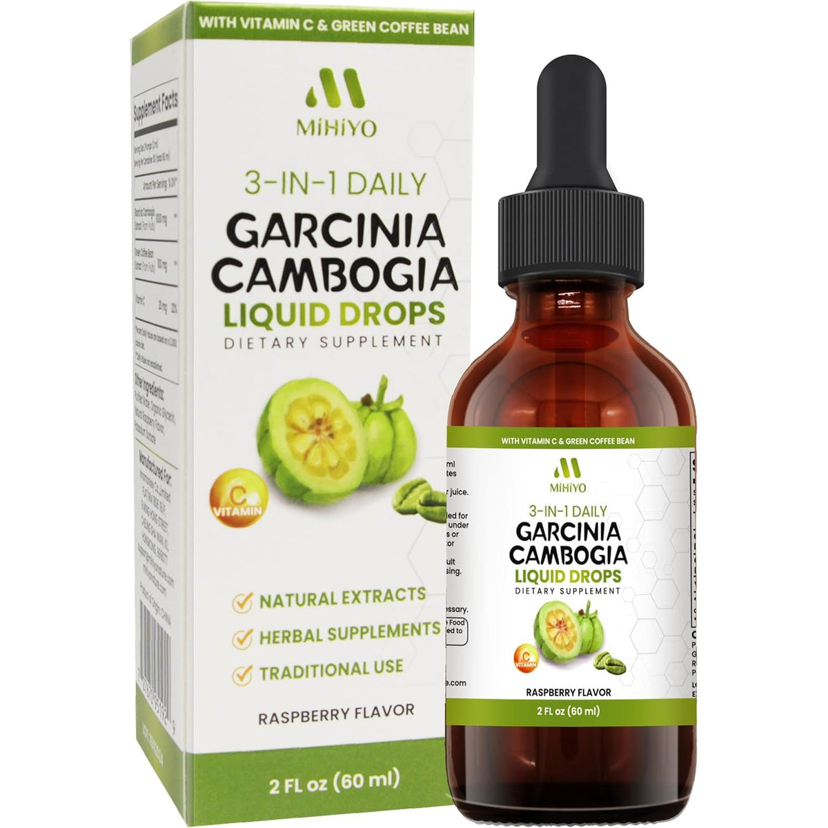 3-In-1 Garcinia Cambogia Liquid Drops - Natrual Extract with Green Coffee Bean & Vitamin C - Support Health and Wellness - Stronger than Pills & Capsules - Natural Raspberry Flavor - 2 Fl Oz (60 Ml)
