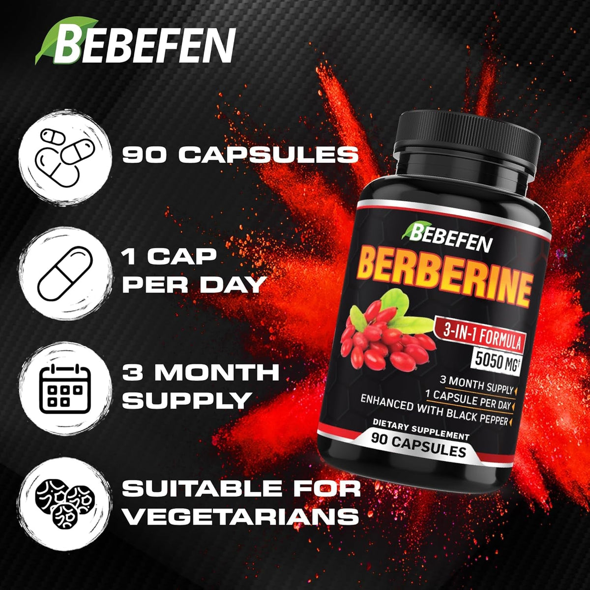 BEBEFEN Berberine Capsules with Black Pepper Extract - 90 Capsules - 3 Month Supply