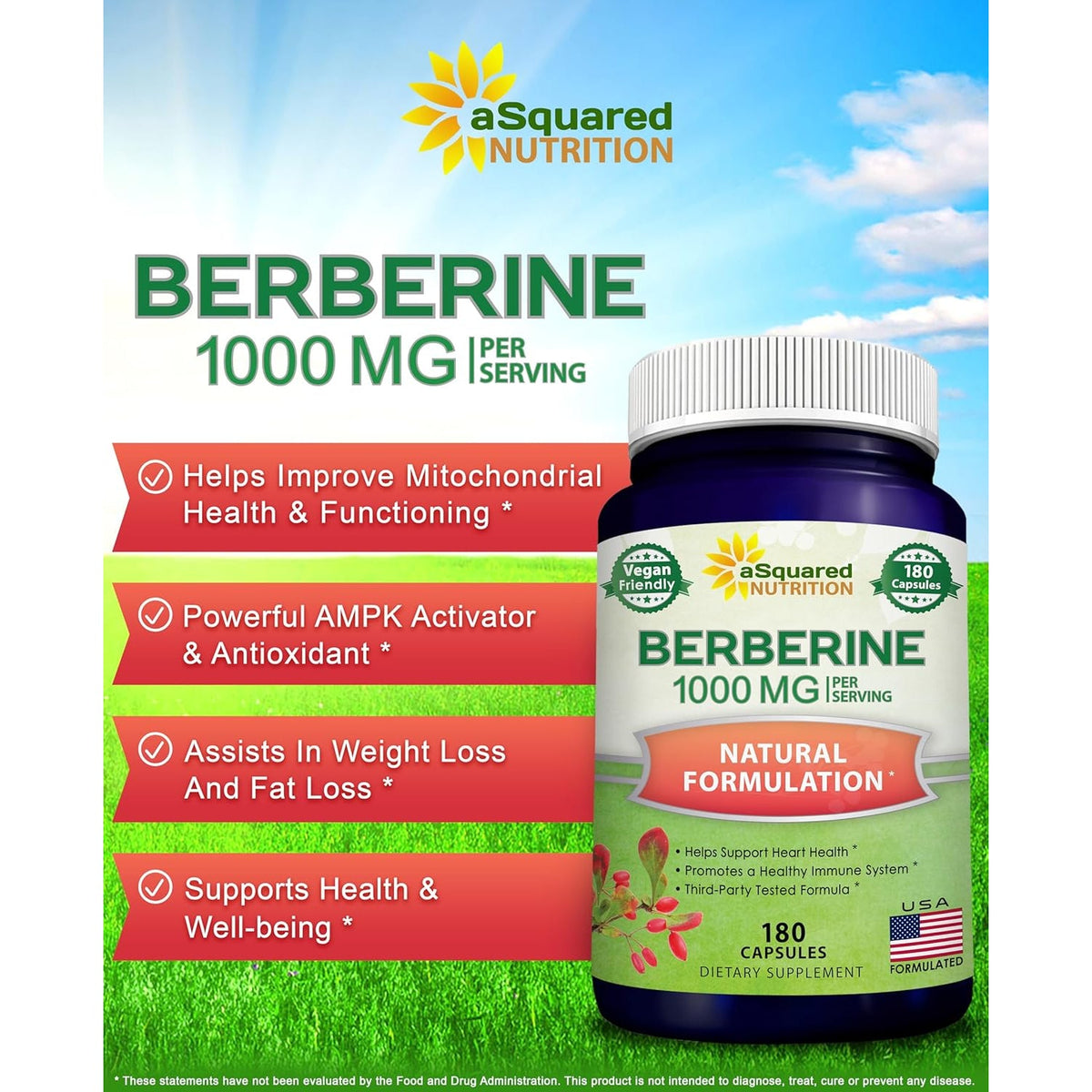 Asquared Nutrition Pure Berberine 1000Mg Supplement - 180 Veggie Capsules, Natural Berberine Hydrochloride HCL Plus, Max Strength 1000 Mg (2X 500Mg), Potent Berberine Vegan Extract