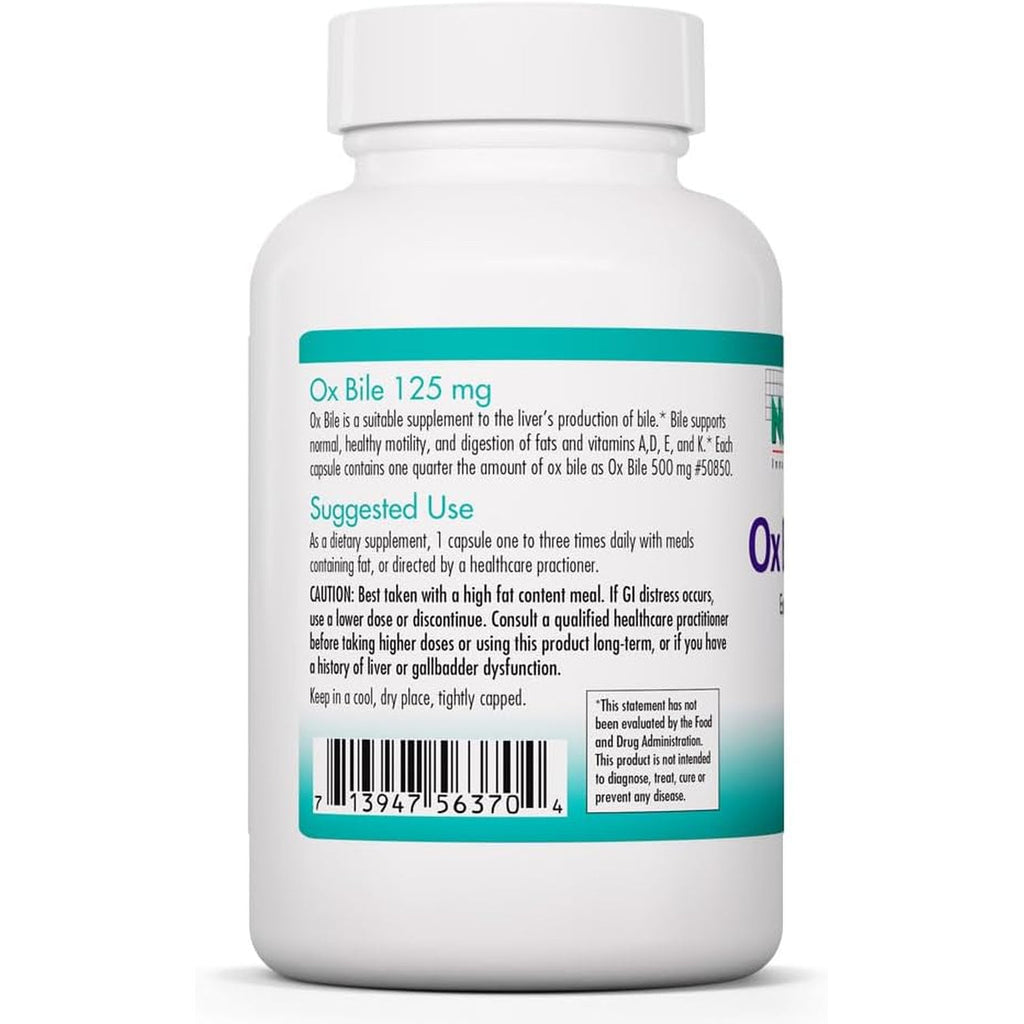 Nutricology Ox Bile 125 Mg - Supports Fat Digestion - Delivers 125 Mg Concentrated Bile Salts per Serving - Hypoallergenic & Vegetarian - 180 Servings - 180 Capsules