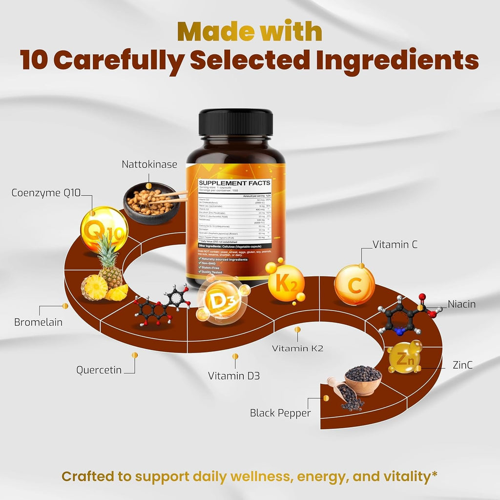 VEGATOT Organic Nattokinase Complex - 10IN1 Formula Vitamin D3, Niacin, Vitamin K2, Zinc, Coq10, Quercetin (150 Count (Pack of 1))