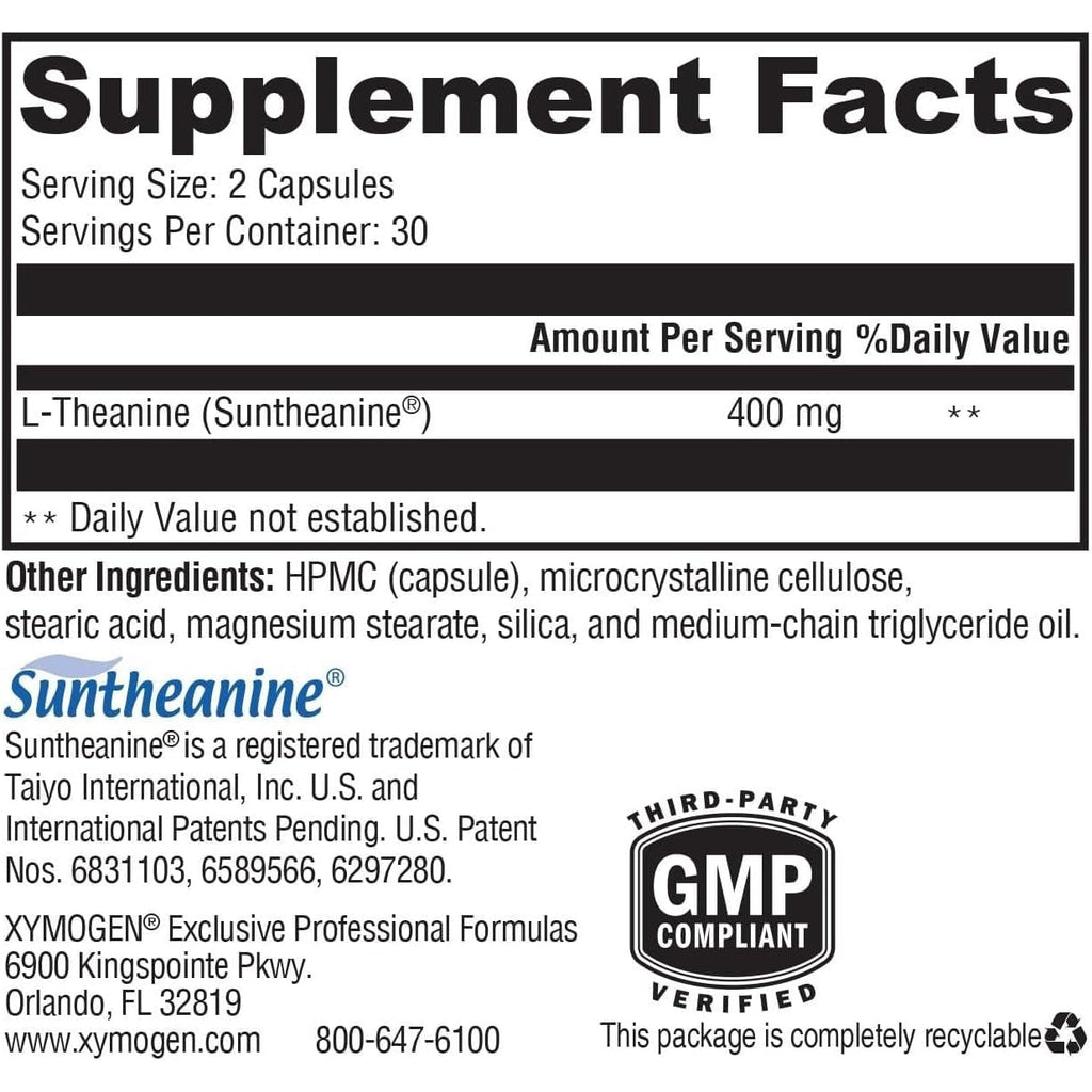 XYMOGEN L-Theanine - 400 Mg as Suntheanine - Relaxation, Focus & Stress Support - Amino Acid Supplement - Non-Drowsy - Vegetarian, Non-Gmo & Gluten Free - 60 Capsules