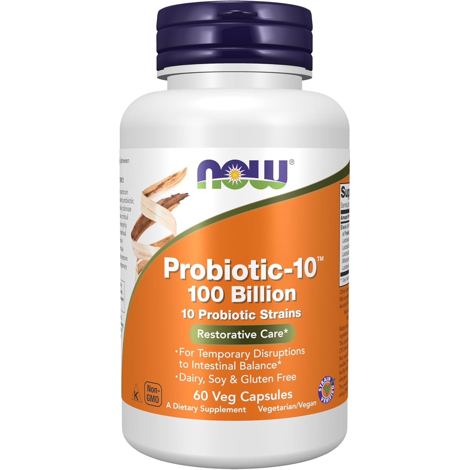 NOW Foods Supplements, Probiotic-10™, 100 Billion, with 10 Probiotic Strains,Dairy, Soy and Gluten Free, Strain Verified, 60 Veg Capsules
