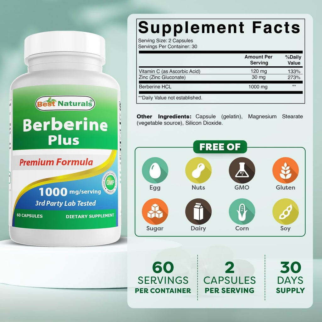 Best Naturals Berberine plus 1000Mg per Serving, (Non-Gmo) 60 Capsules - Contains Berberine HCL 1000Mg, Vitamin C 120Mg & Zinc Gluconate 30 Mg
