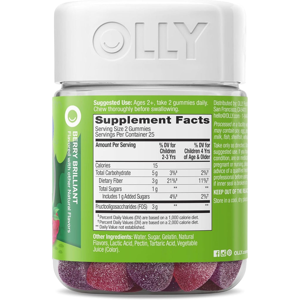 OLLY Kids Friendly Fiber Gummy, Digestion Support,* 3G Prebiotic Fiber FOS, Kids Chewable Supplement, Berry Brilliant Flavored, 25 Day Supply - 50 Count