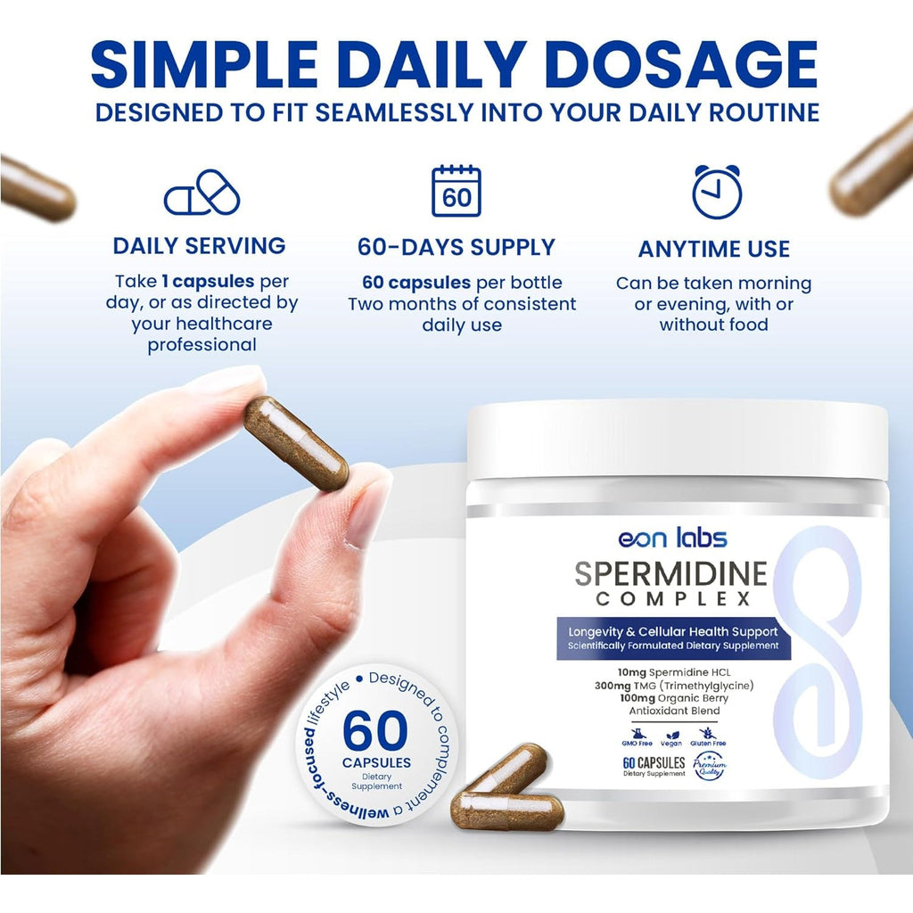 Spermidine Supplements for Men and Women–10 Mg Spermidine Hcl Complex with TMG & Organic Berry Antioxidants–Cellular Health Support–60 Capsules (60-Day Supply) for Healthy Aging & Longevity
