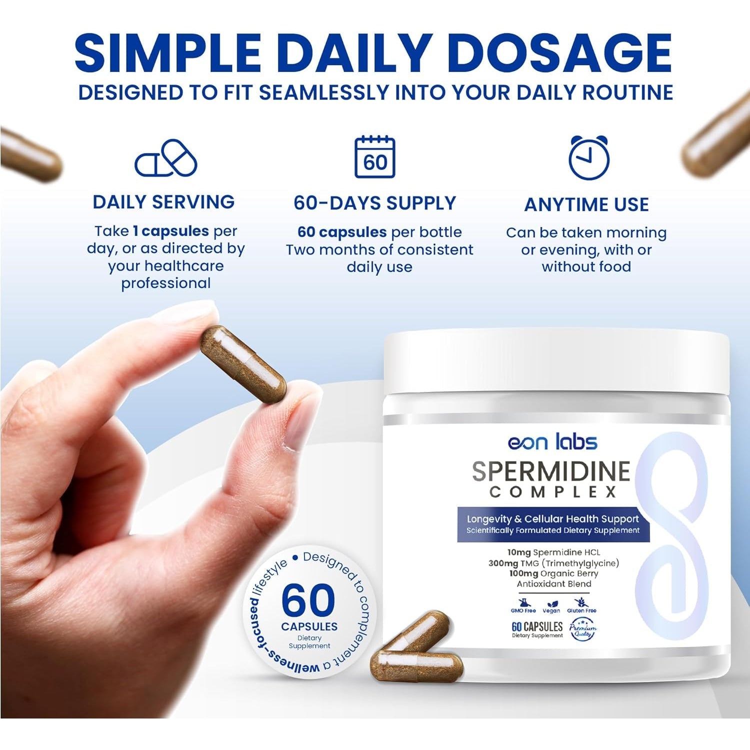 Spermidine Supplements for Men and Women–10 Mg Spermidine Hcl Complex with TMG & Organic Berry Antioxidants–Cellular Health Support–60 Capsules (60-Day Supply) for Healthy Aging & Longevity