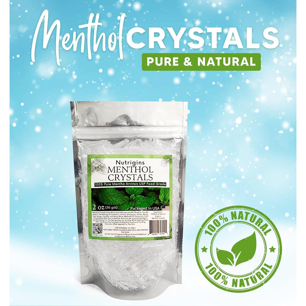 Menthol Crystal 2 Oz - Pure Organic 100% Natural - Menthol Crystals from Mint Crystal Mints Mentha Arvensis - Comes in Resealable Standup Bag for Long-Lasting Freshness
