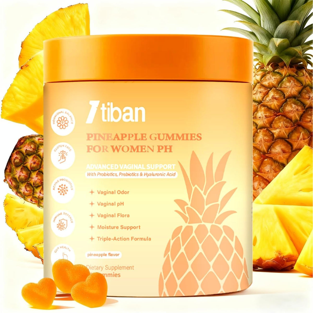 Pineapple Gummies for Women Ph, Premium Feminine Ph Balance Gummy, Vaginal Probiotics, Immune Support, Vegan, Gluten-Free, 60 Gummies 30 Servings